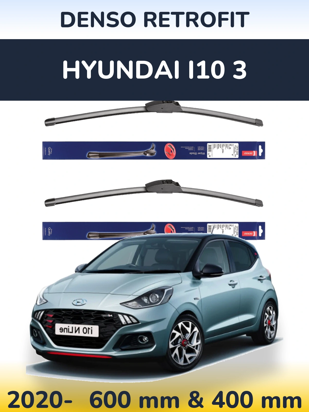 Front wiper blade set Denso Retrofit 600 & 400 mm for Hyundai i10 3 2020-2026