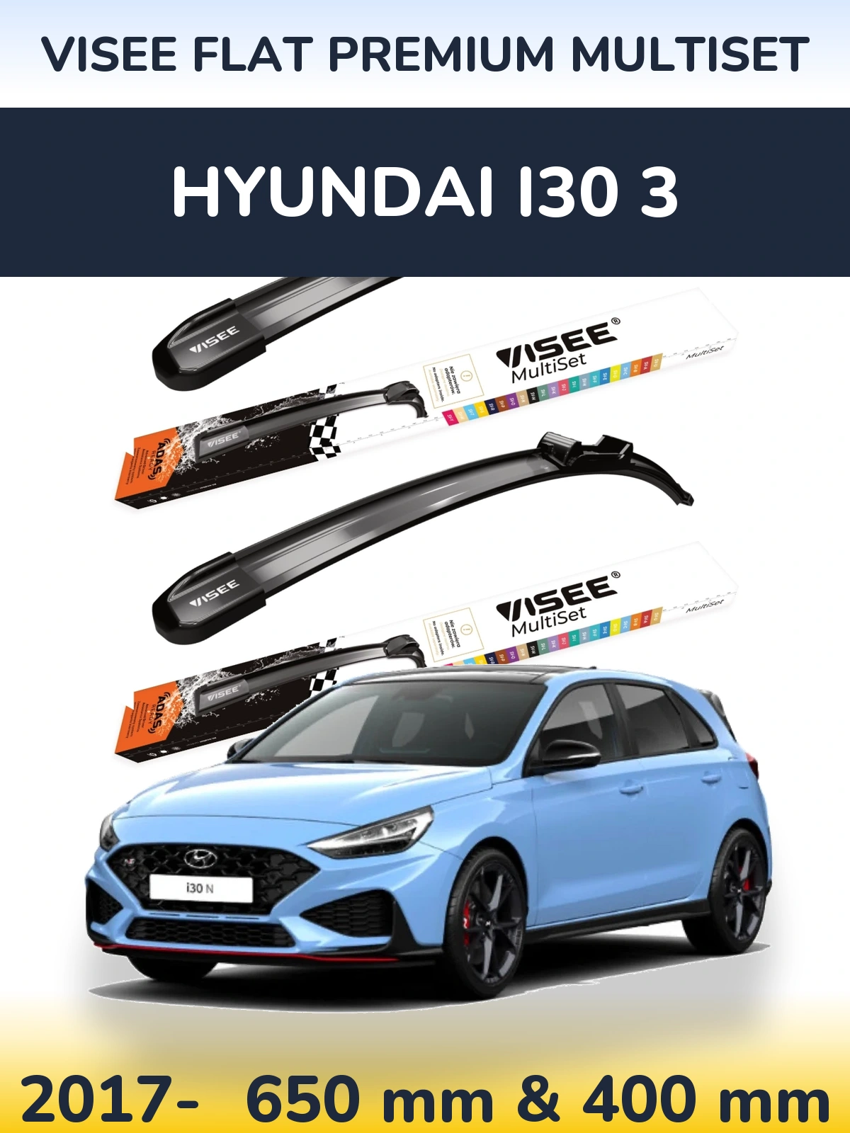 Front wiper blade set VISEE FLAT PREMIUM MultiSet 650 & 400 mm for Hyundai i30 3 2017-2026