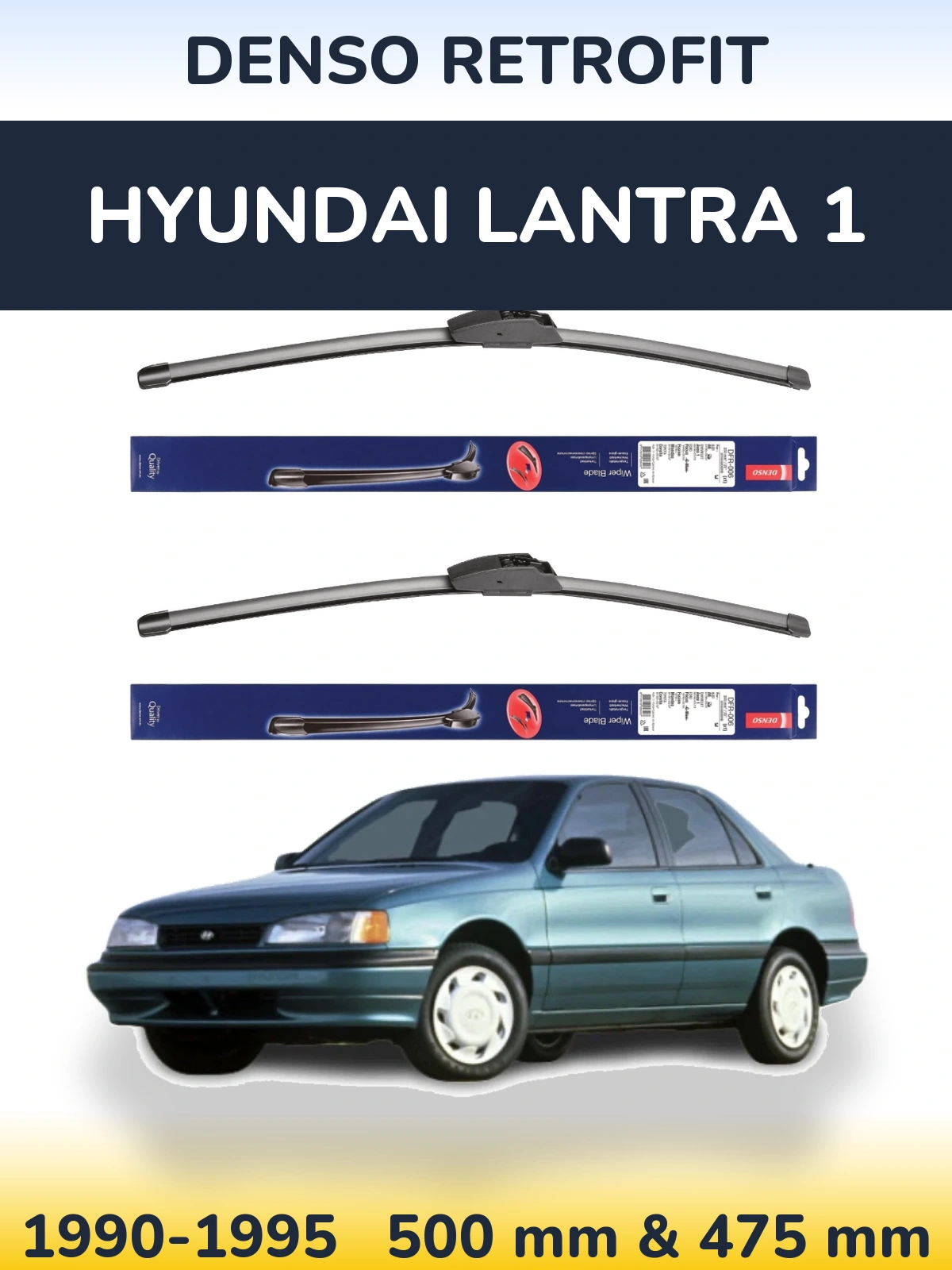 Front wiper blade set Denso Retrofit 500 & 475 mm for Hyundai Lantra 1 1990-1995