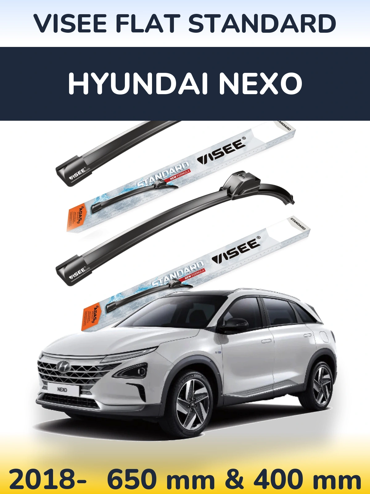 Front wiper blade set VISEE FLAT STANDARD 650 & 400 mm for Hyundai Nexo 2018-2026