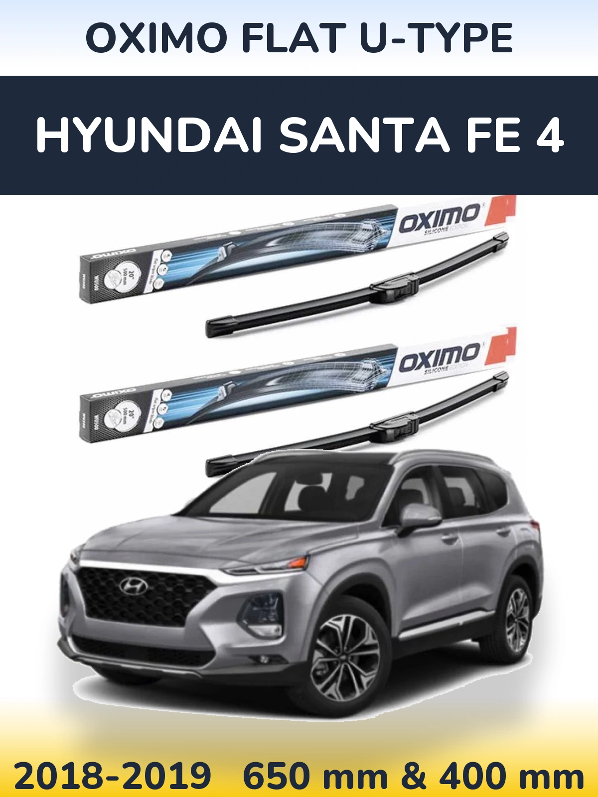 Front wiper blade set Oximo Flat U-type 650 & 400 mm for Hyundai Santa Fe 4 2018-2019