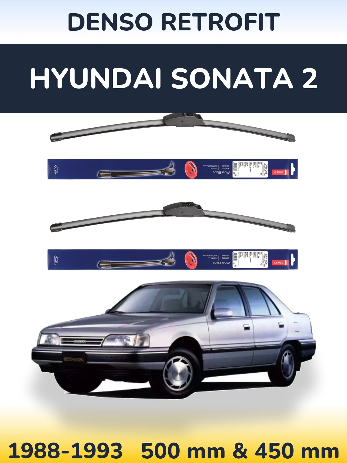Front wiper blade set Denso Retrofit 500 & 450 mm for Hyundai Sonata 2 1988-1993