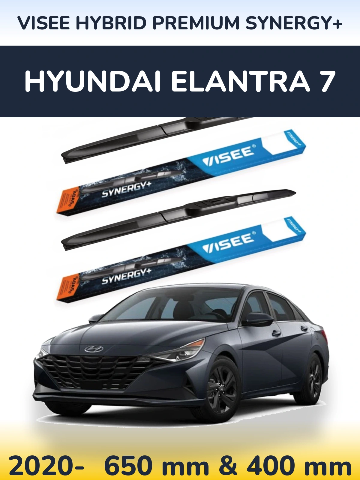 Front wiper blade set VISEE HYBRID PREMIUM SYNERGY+ 650 & 400 mm for Hyundai Elantra 7 2020-2026