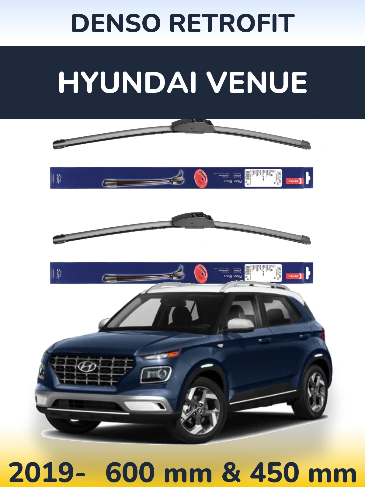 Front wiper blade set Denso Retrofit 600 & 450 mm for Hyundai Venue 2019-2026