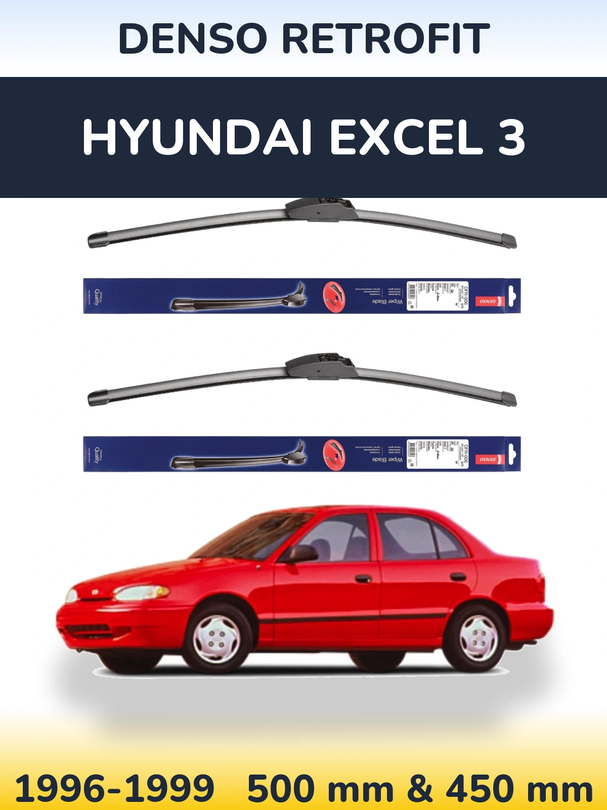 Front wiper blade set Denso Retrofit 500 & 450 mm for Hyundai Excel 3 1996-1999