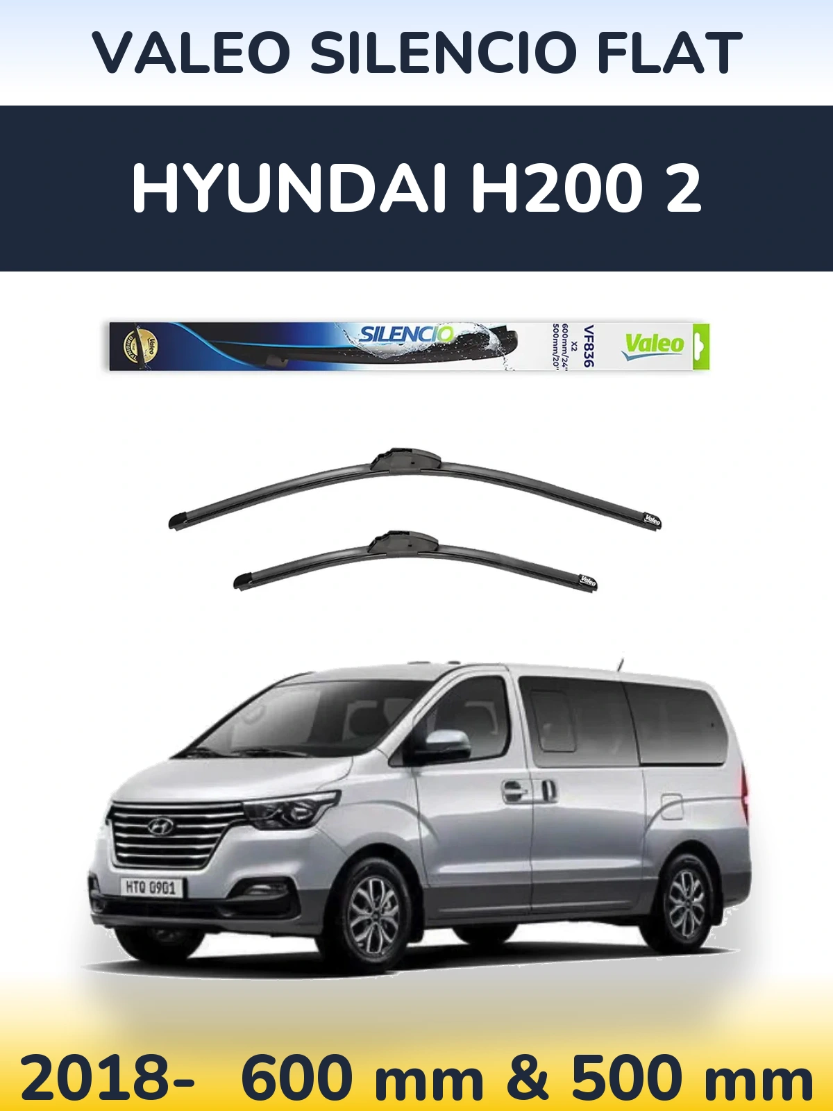 Front wiper blade set Valeo Silencio Flat 600 & 500 mm for Hyundai H200 2 2018-2026