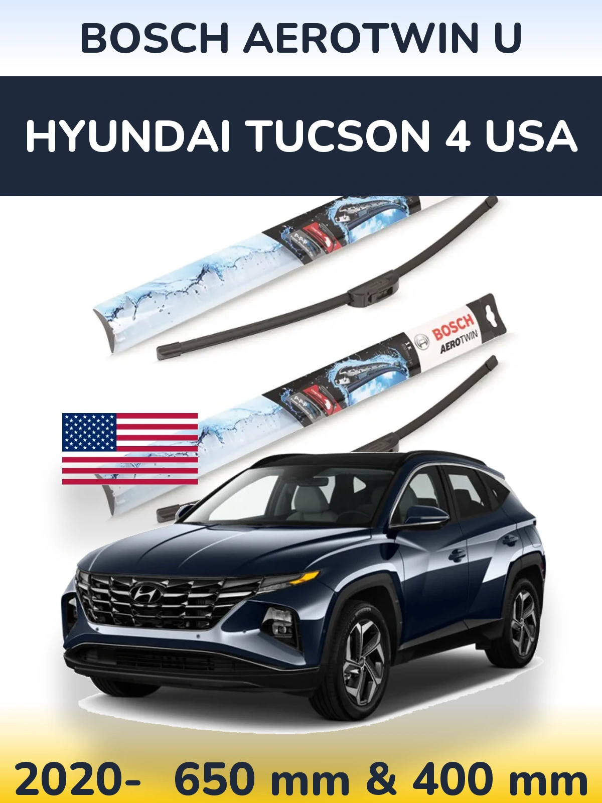 Front wiper blade set BOSCH AeroTwin U 650 & 400 mm for Hyundai Tucson 4 USA 2020-2026