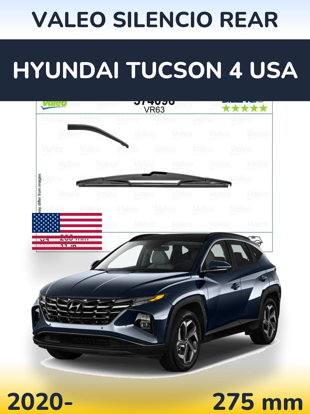 Rear wiper blade Valeo Silencio Rear 285 mm for Hyundai Tucson 4 USA 2020-2026