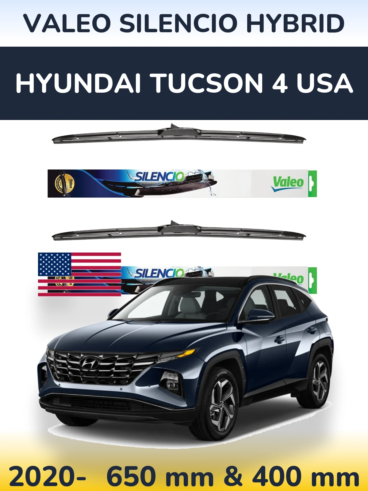 Front wiper blade set Valeo Silencio Hybrid 650 & 400 mm for Hyundai Tucson 4 USA 2020-2026