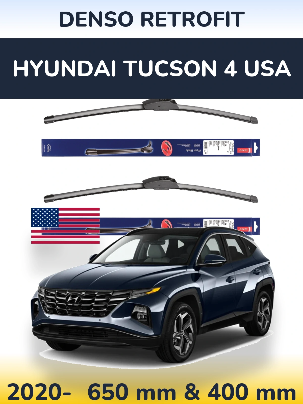 Front wiper blade set Denso Retrofit 650 & 400 mm for Hyundai Tucson 4 USA 2020-2026