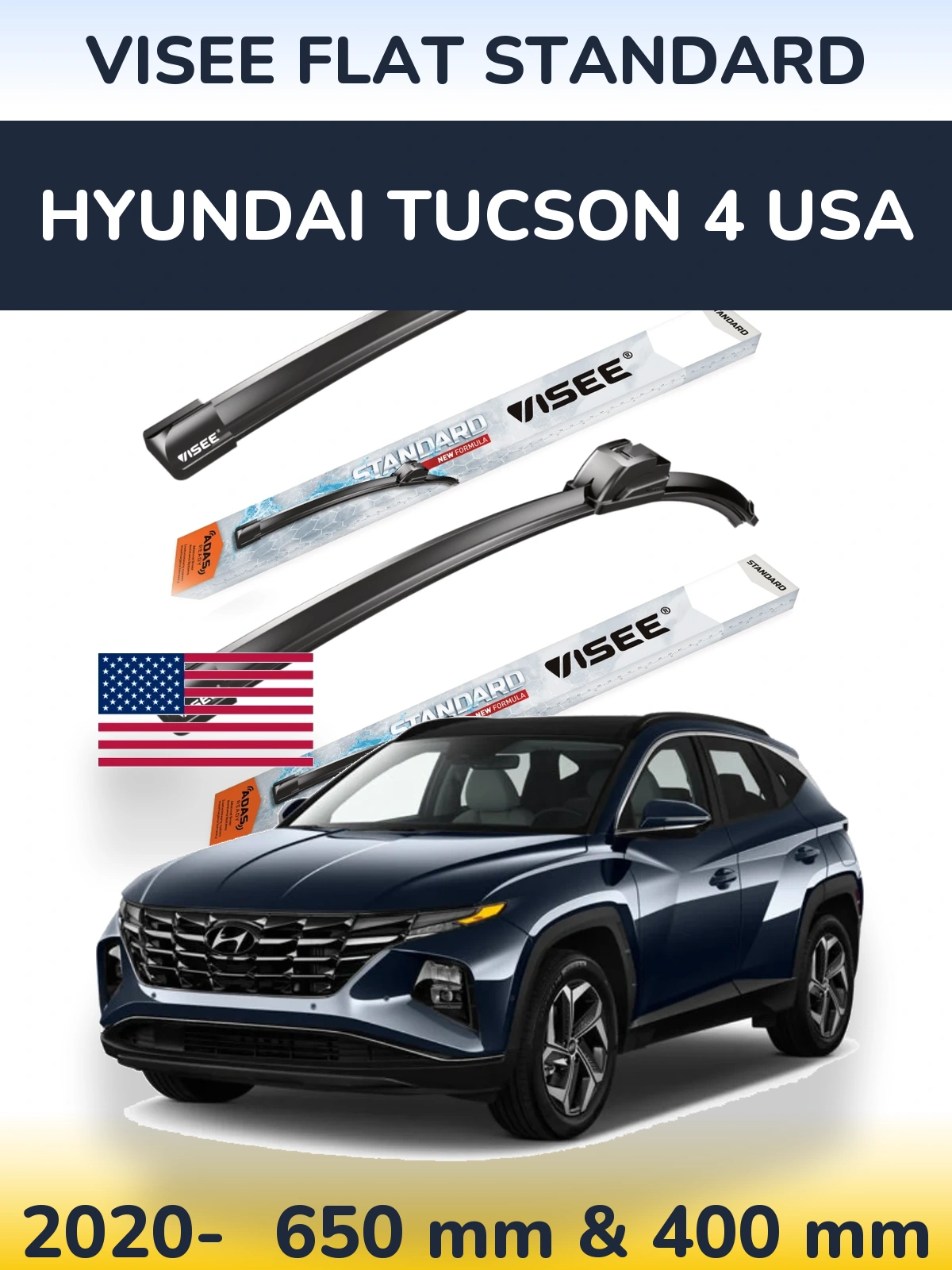 Front wiper blade set VISEE FLAT STANDARD 650 & 400 mm for Hyundai Tucson 4 USA 2020-2026