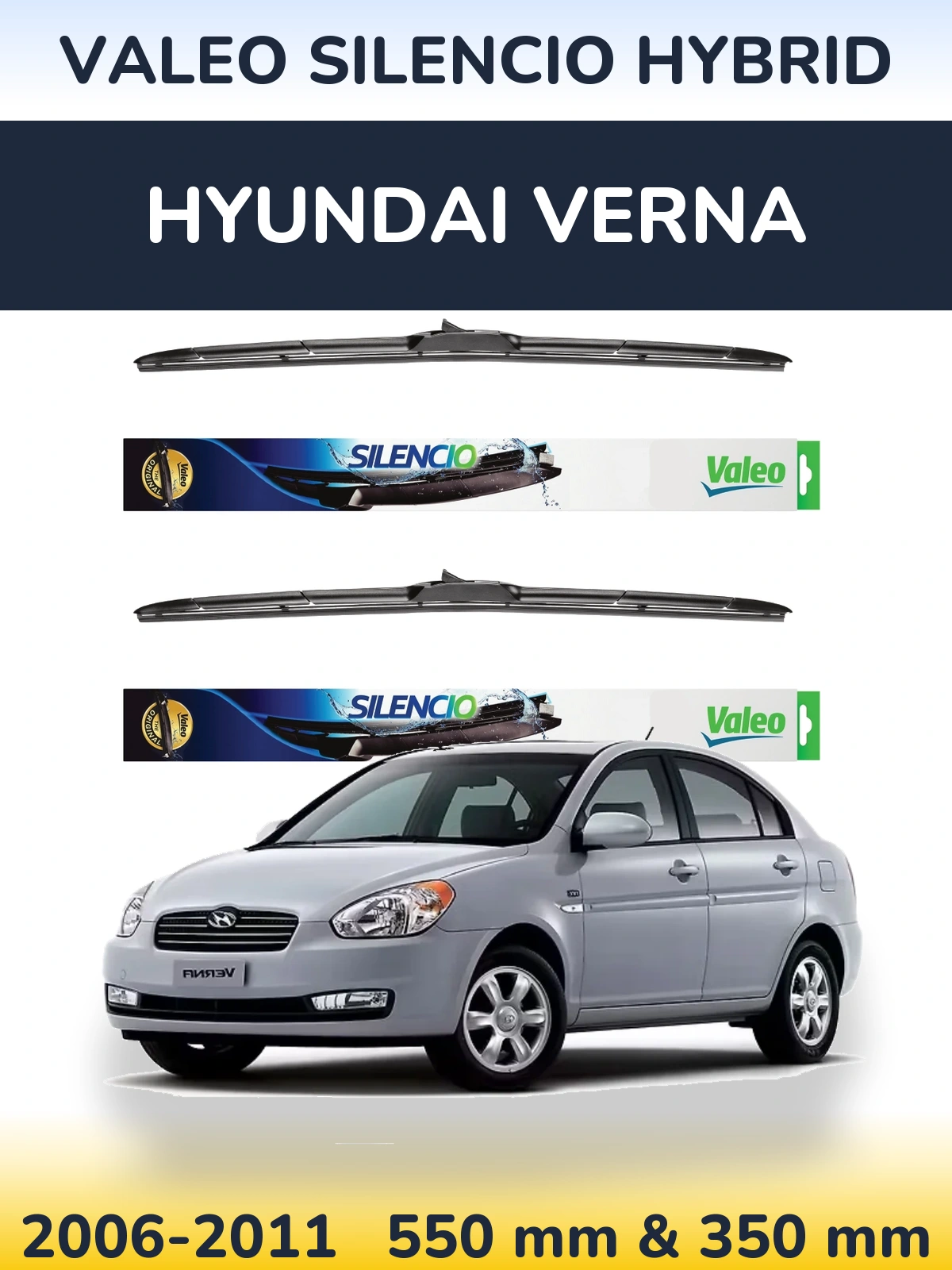 Front wiper blade set Valeo Silencio Hybrid 550 & 350 mm for Hyundai Verna 2006-2011
