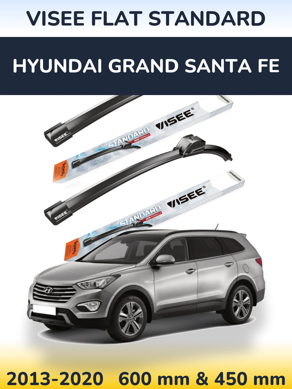 Front wiper blade set VISEE FLAT STANDARD 600 & 450 mm for Hyundai Grand Santa Fe 2013-2020