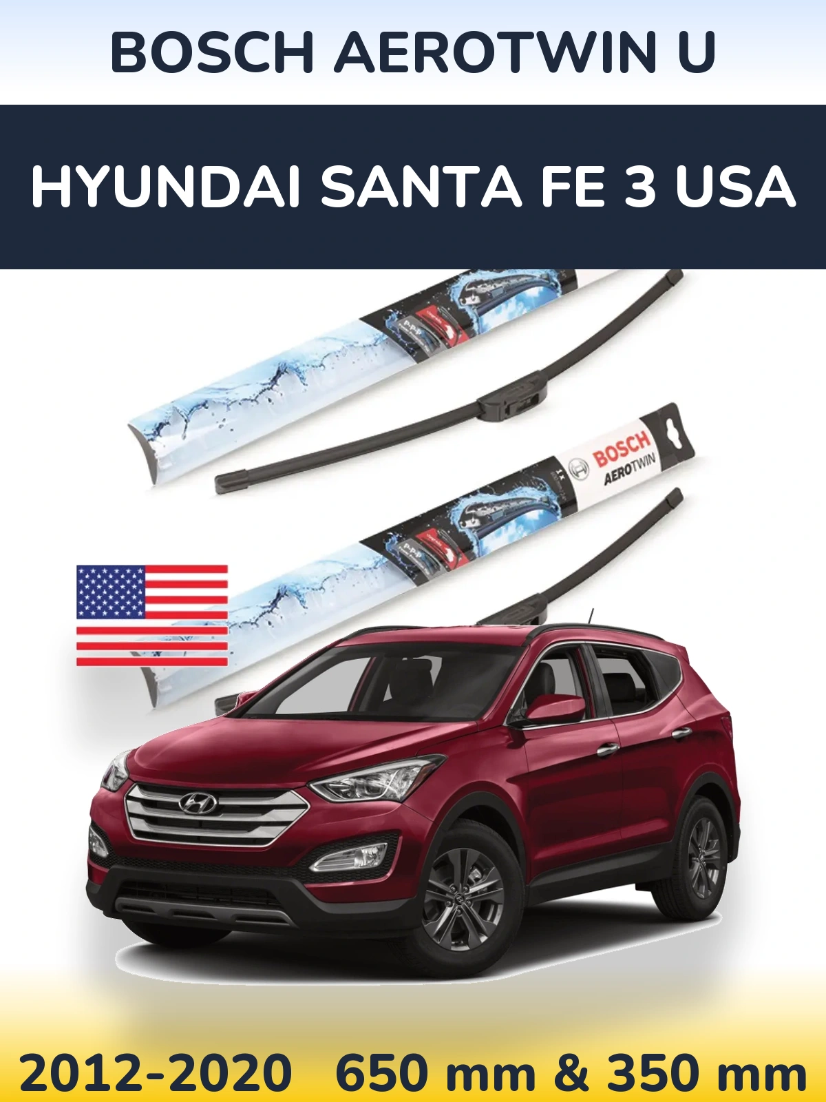 Front wiper blade set BOSCH AeroTwin U 650 & 350 mm for Hyundai Santa Fe 3 USA 2012-2020