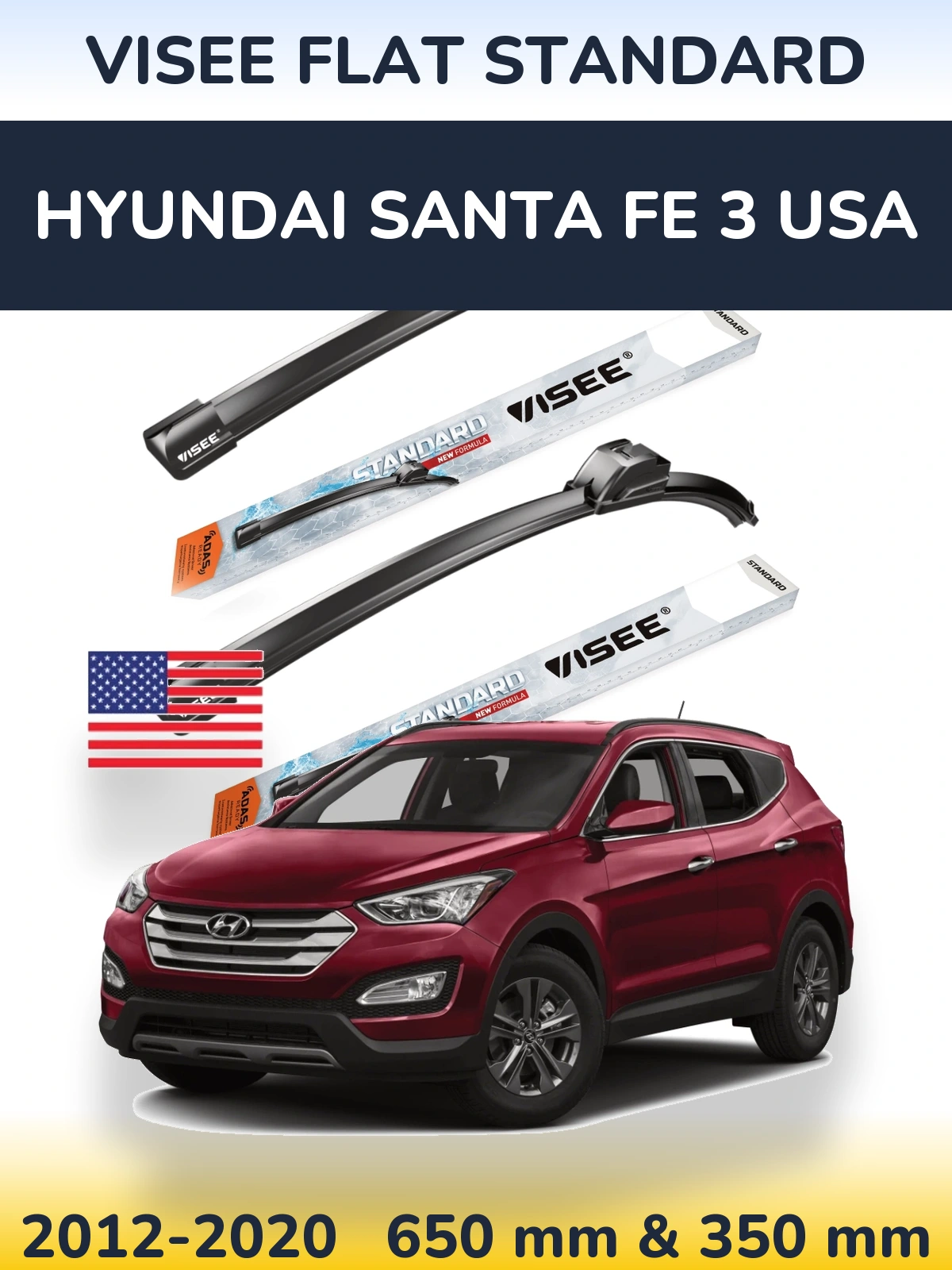 Front wiper blade set VISEE FLAT STANDARD 650 & 350 mm for Hyundai Santa Fe 3 USA 2012-2020