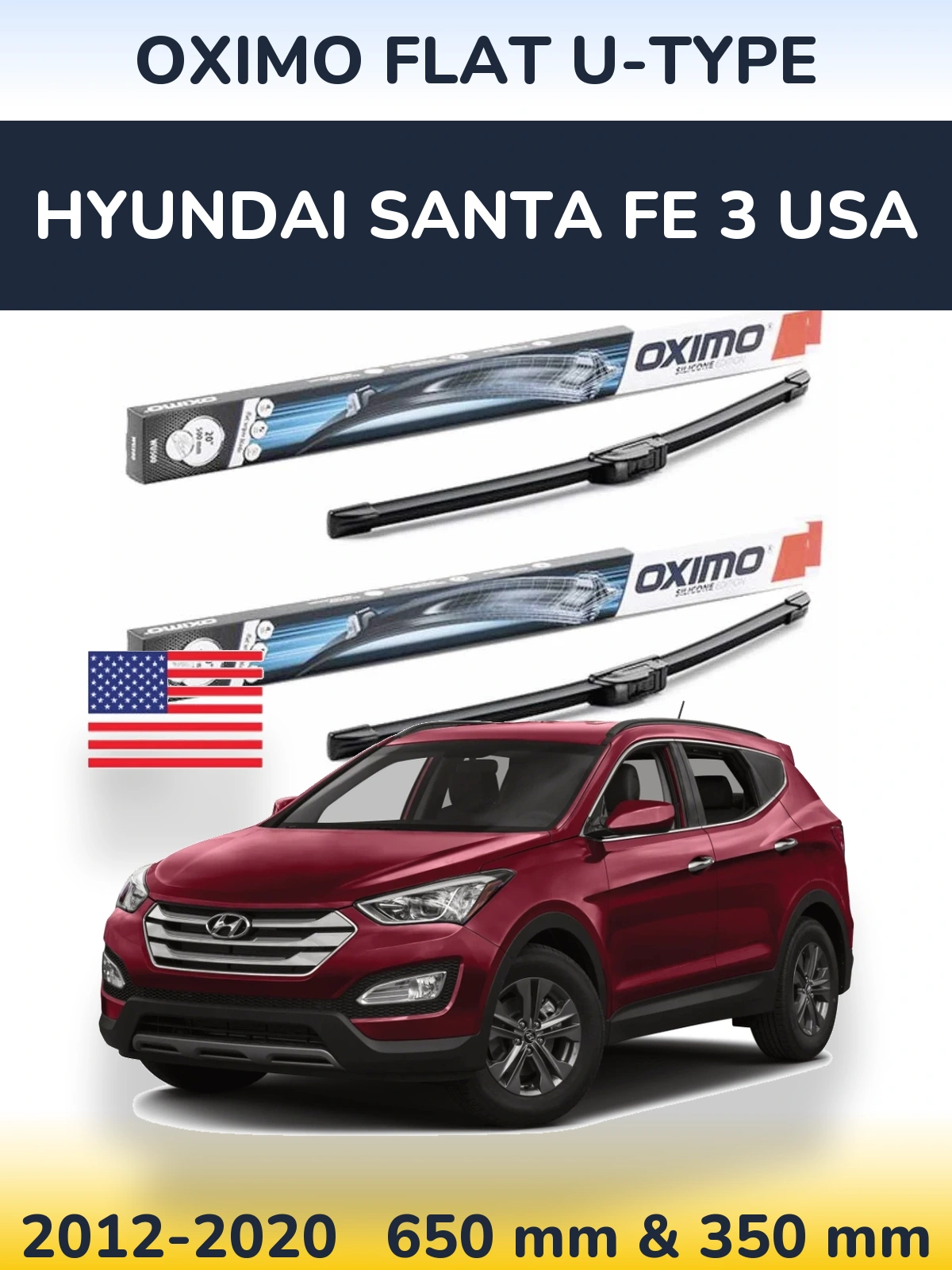 Front wiper blade set Oximo Flat U-type 650 & 350 mm for Hyundai Santa Fe 3 USA 2012-2020