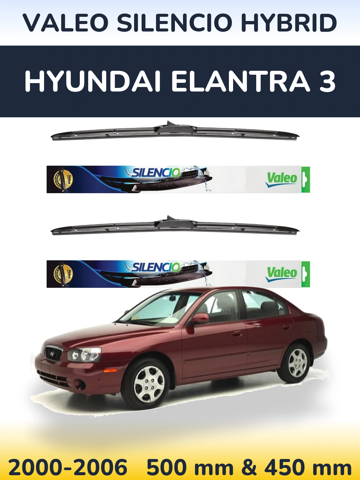 Front wiper blade set Valeo Silencio Hybrid 500 & 450 mm for Hyundai Elantra 3 2000-2006