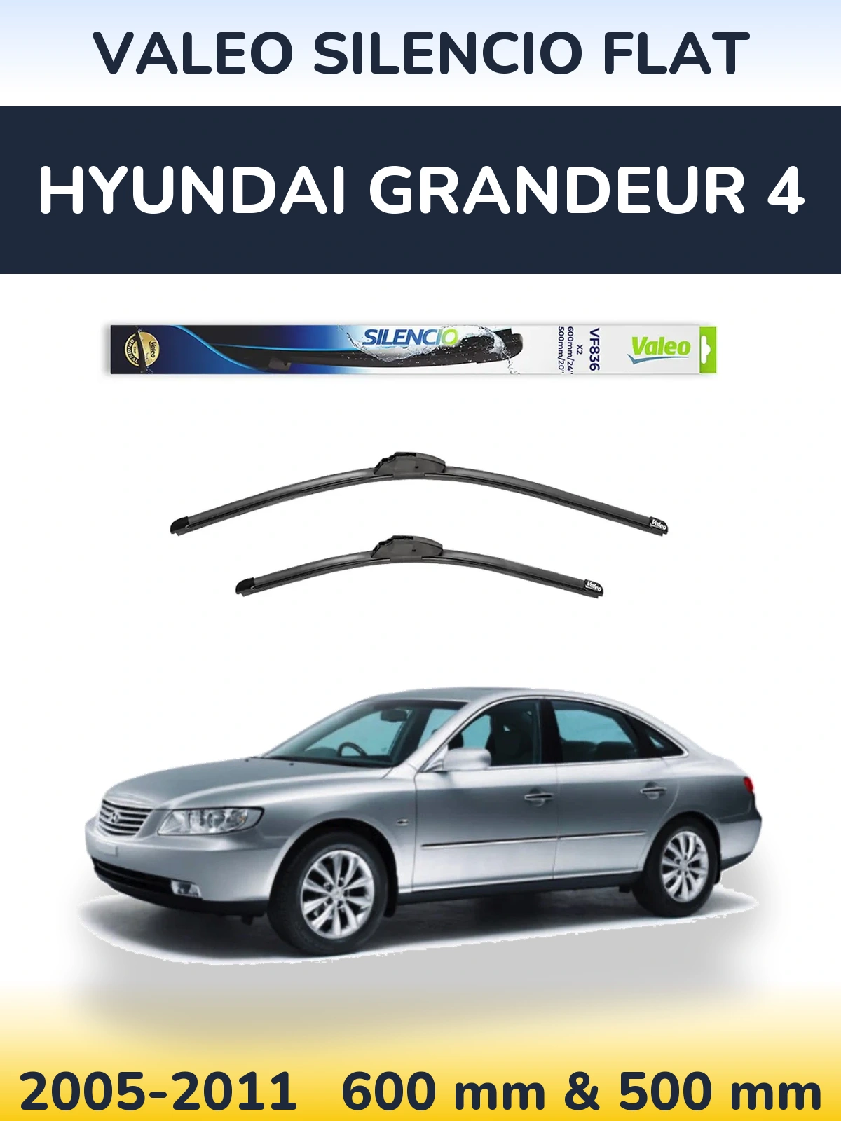 Front wiper blade set Valeo Silencio Flat 600 & 500 mm for Hyundai Grandeur 4 2005-2011