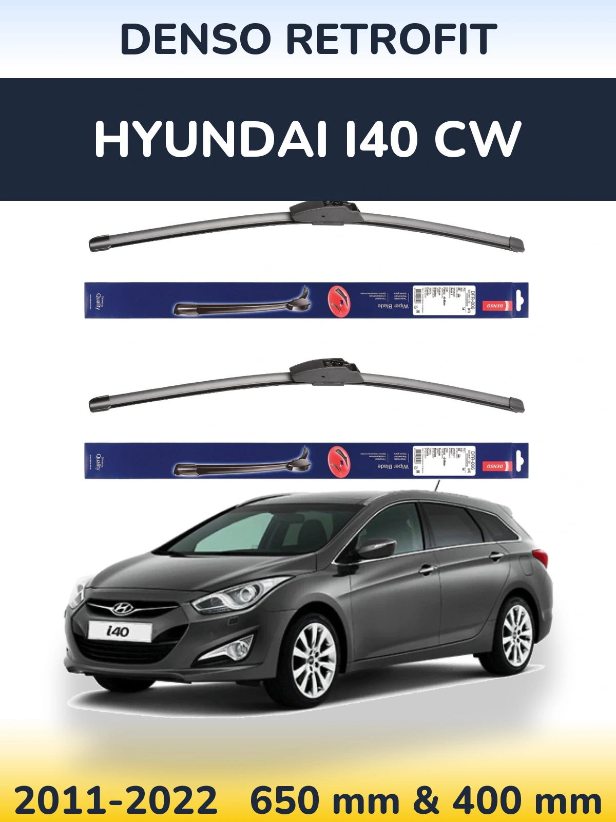 Front wiper blade set Denso Retrofit 650 & 400 mm for Hyundai i40 CW 2011-2022