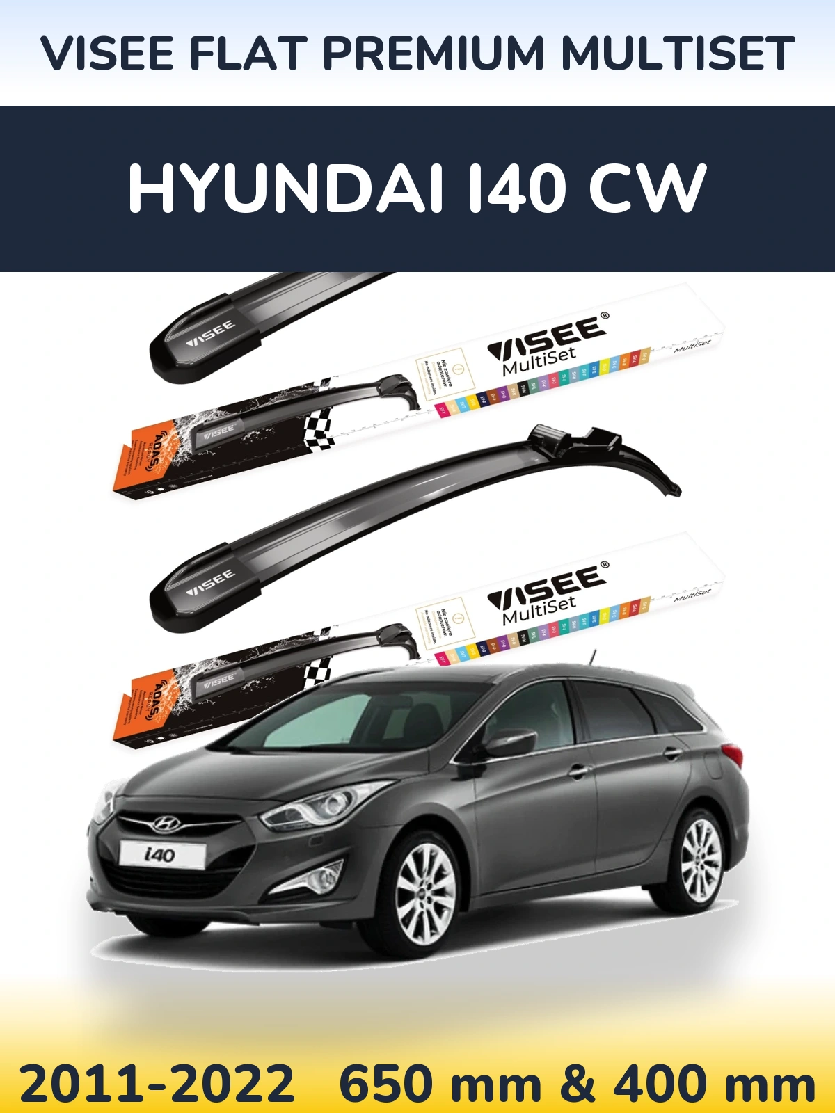 Front wiper blade set VISEE FLAT PREMIUM MultiSet 650 & 400 mm for Hyundai i40 CW 2011-2022