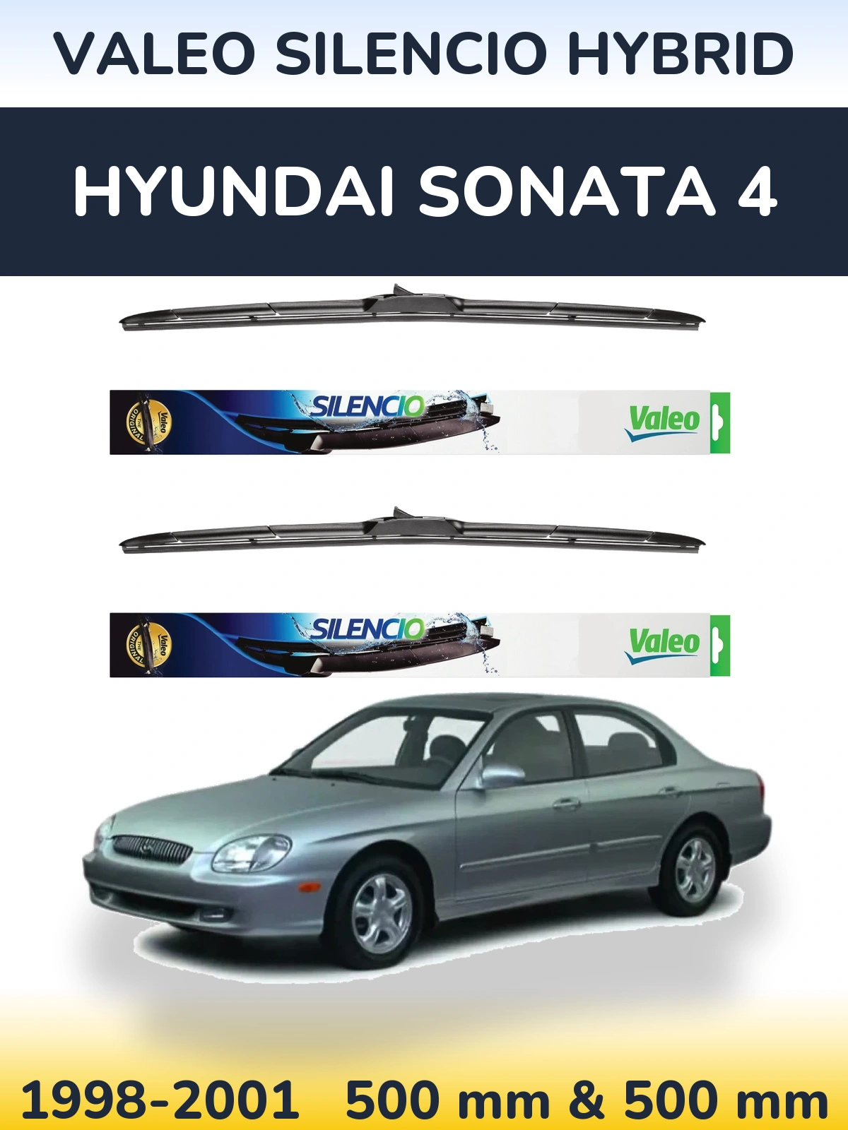 Front wiper blade set Valeo Silencio Hybrid 500 & 500 mm for Hyundai Sonata 4 1998-2001