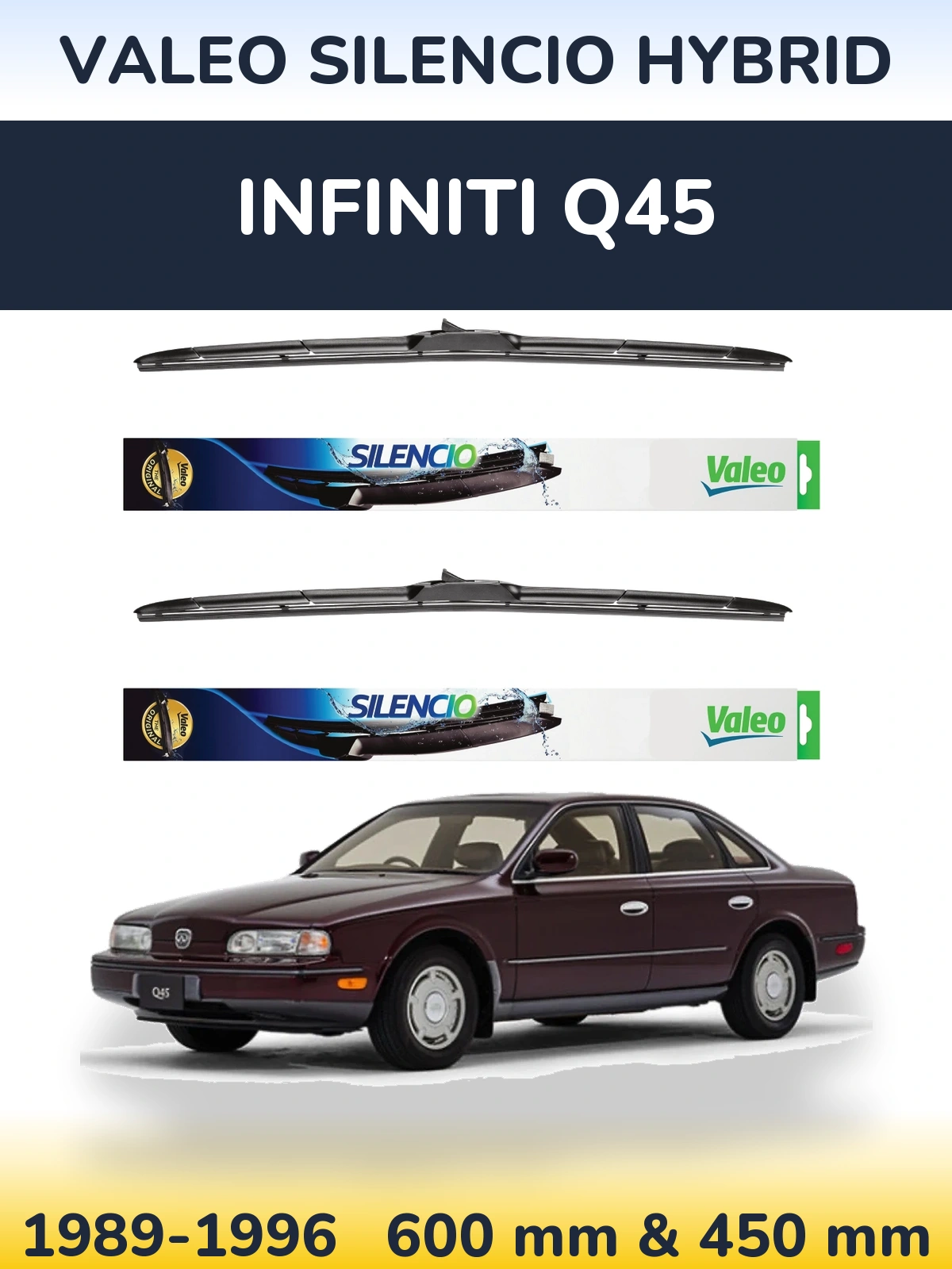Front wiper blade set Valeo Silencio Hybrid 600 & 450 mm for Infiniti Q45 1989-1996