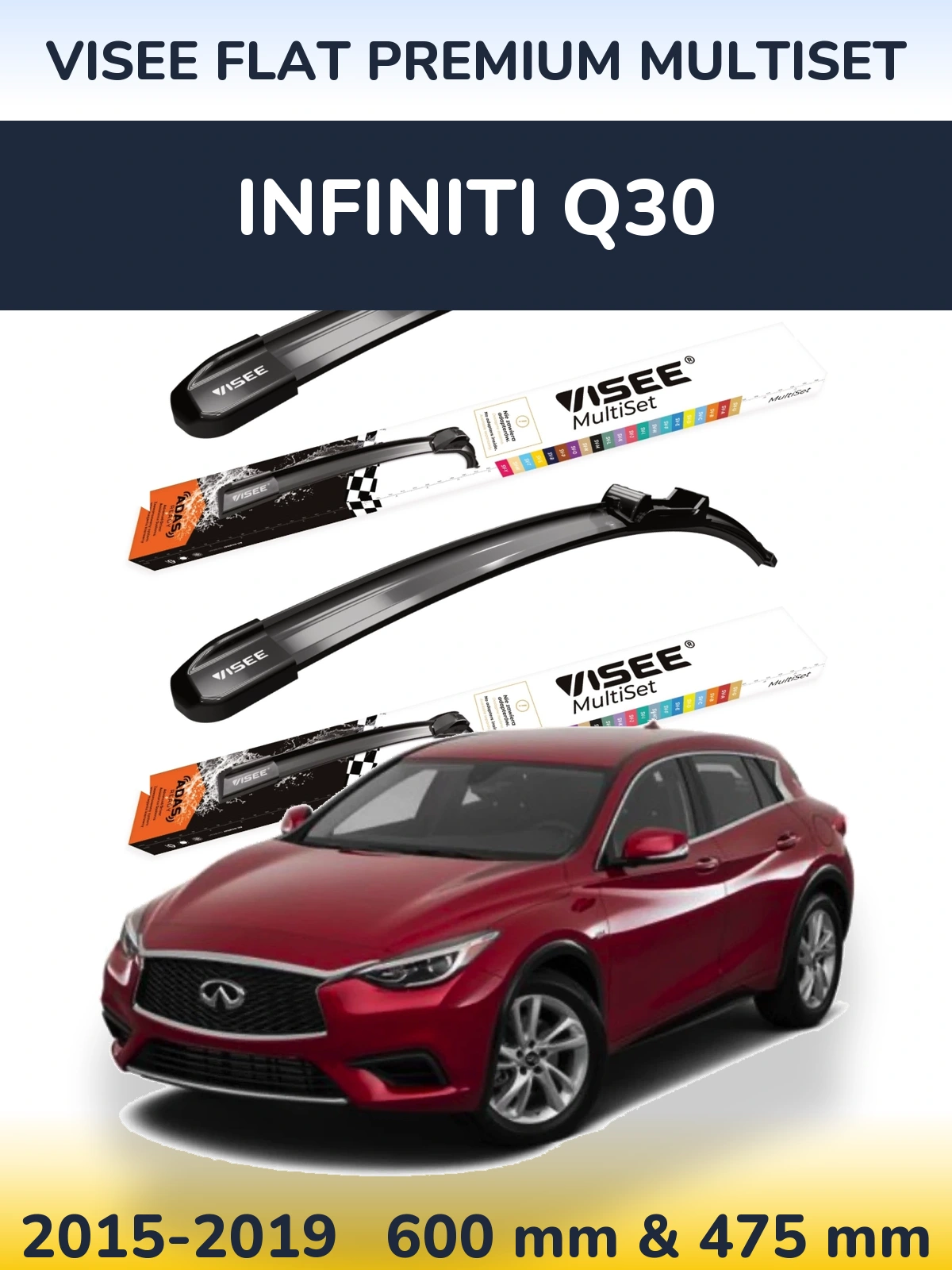 Front wiper blade set VISEE FLAT PREMIUM MultiSet 600 & 475 mm for Infiniti Q30 2015-2019