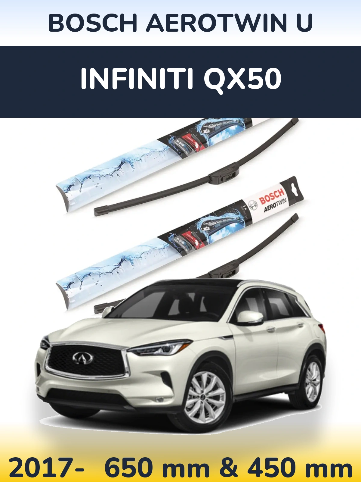 Front wiper blade set BOSCH AeroTwin U 650 & 450 mm for Infiniti QX50 2017-2026