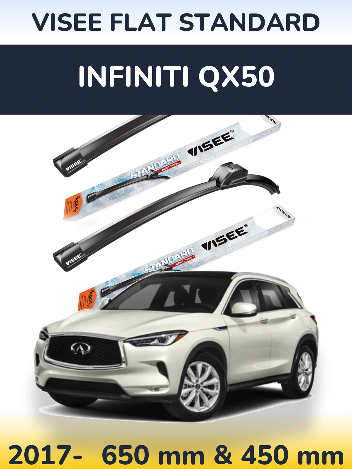 Комплект передних дворников VISEE FLAT STANDARD 650 & 450 мм для Infiniti QX50 2017-2026