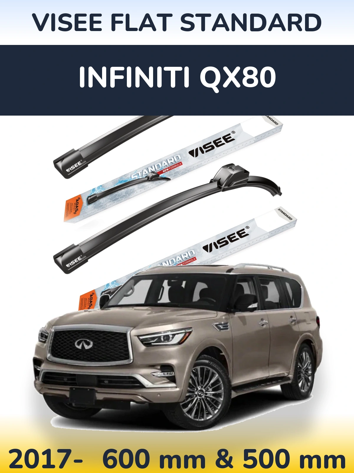 Front wiper blade set VISEE FLAT STANDARD 600 & 500 mm for Infiniti QX80 2017-2026