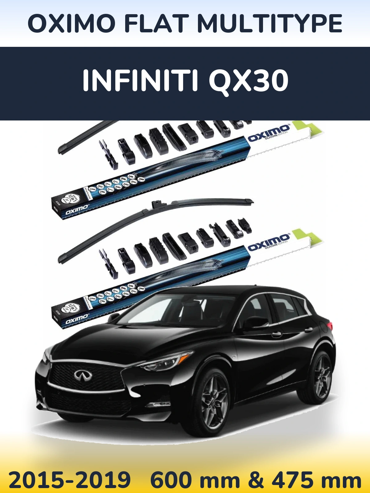 Front wiper blade set Oximo Flat MultiTipoe 600 & 475 mm for Infiniti QX30 2015-2019