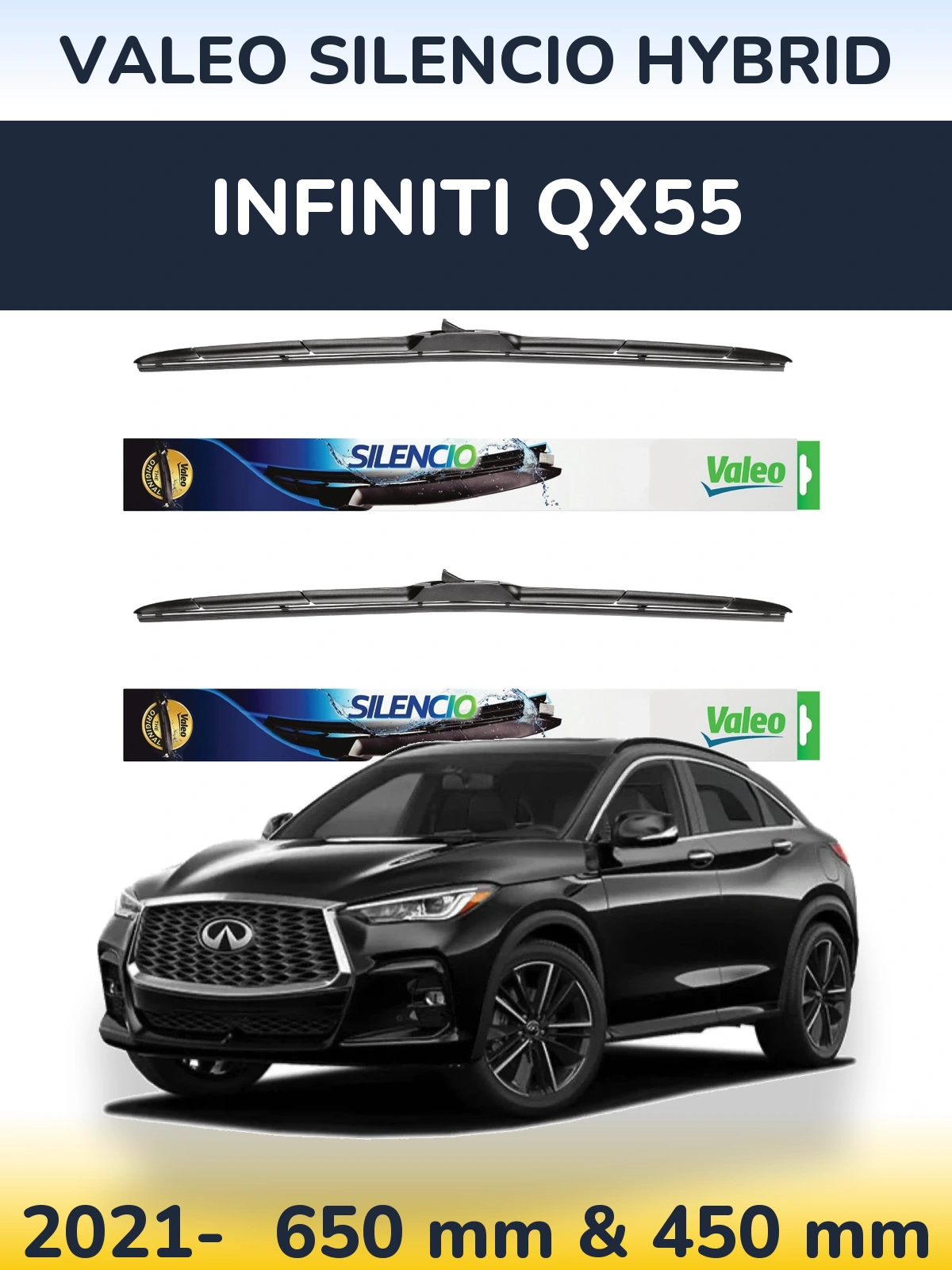 Комплект передніх щіток Valeo Silencio Hybrid 650 & 450 мм для Infiniti QX55 2021-2026