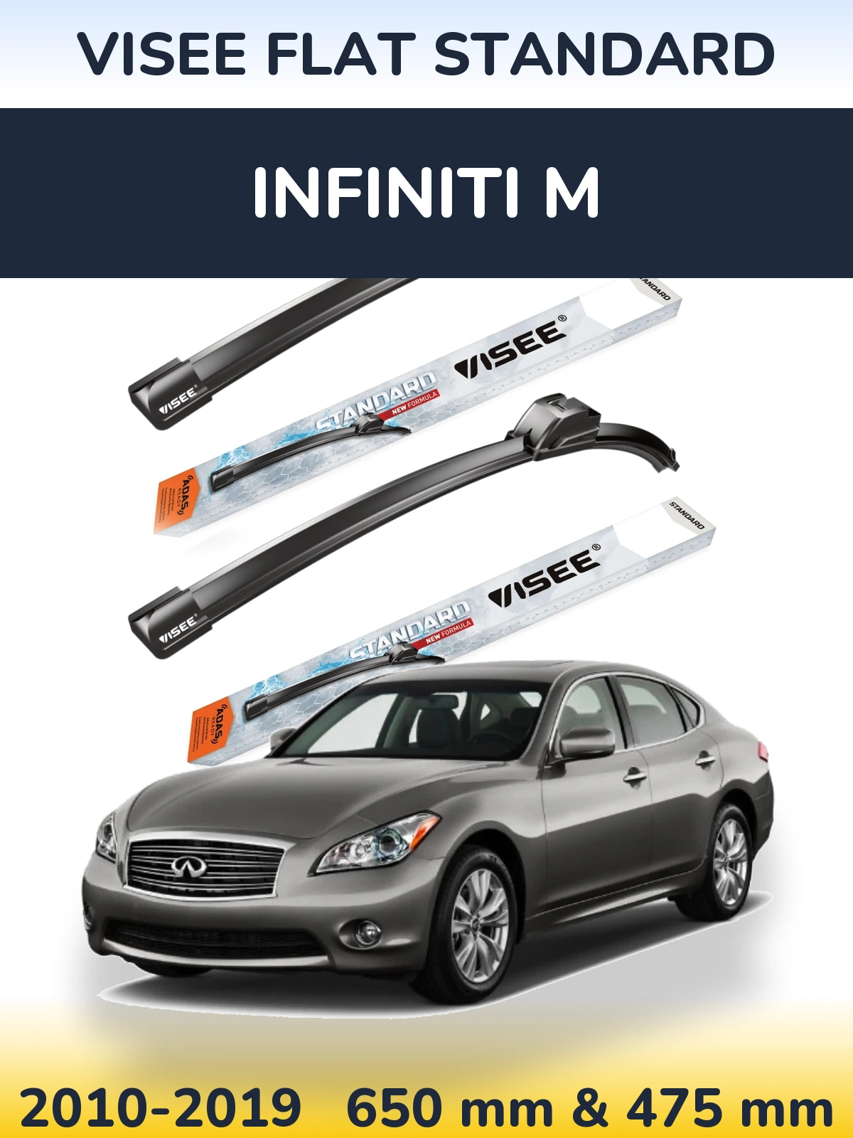 Front wiper blade set VISEE FLAT STANDARD 650 & 475 mm for Infiniti M 2010-2019