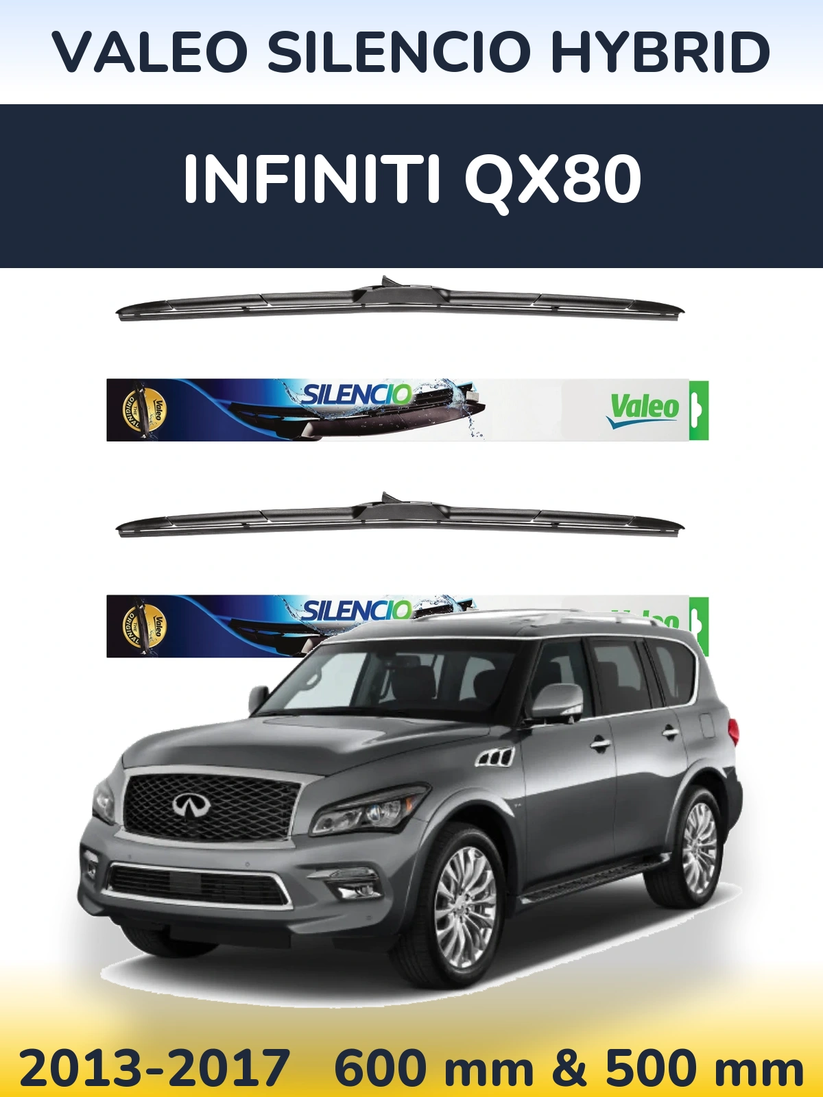 Front wiper blade set Valeo Silencio Hybrid 600 & 500 mm for Infiniti QX80 2013-2017