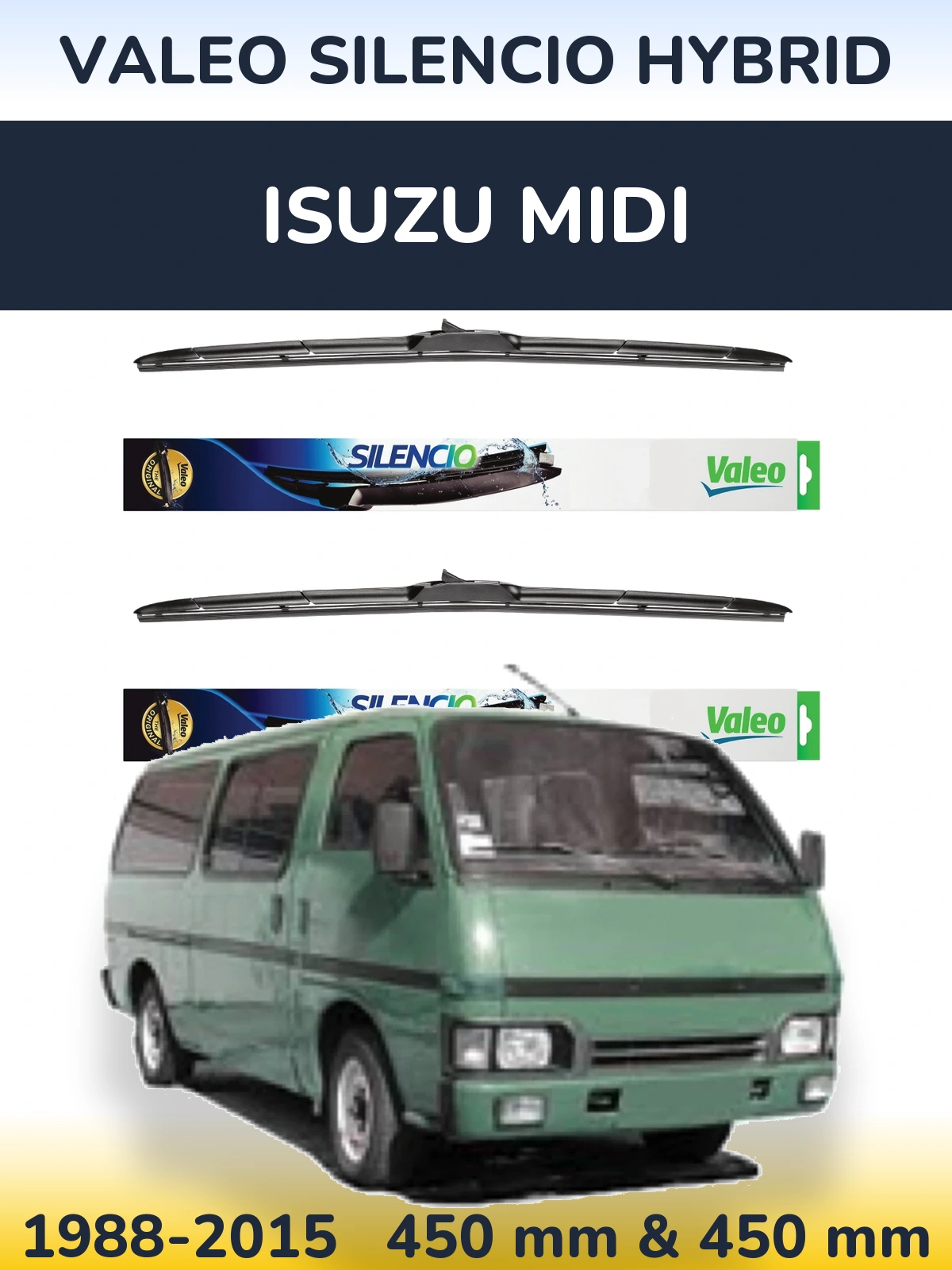 Front wiper blade set Valeo Silencio Hybrid 450 & 450 mm for Isuzu Midi 1988-2015