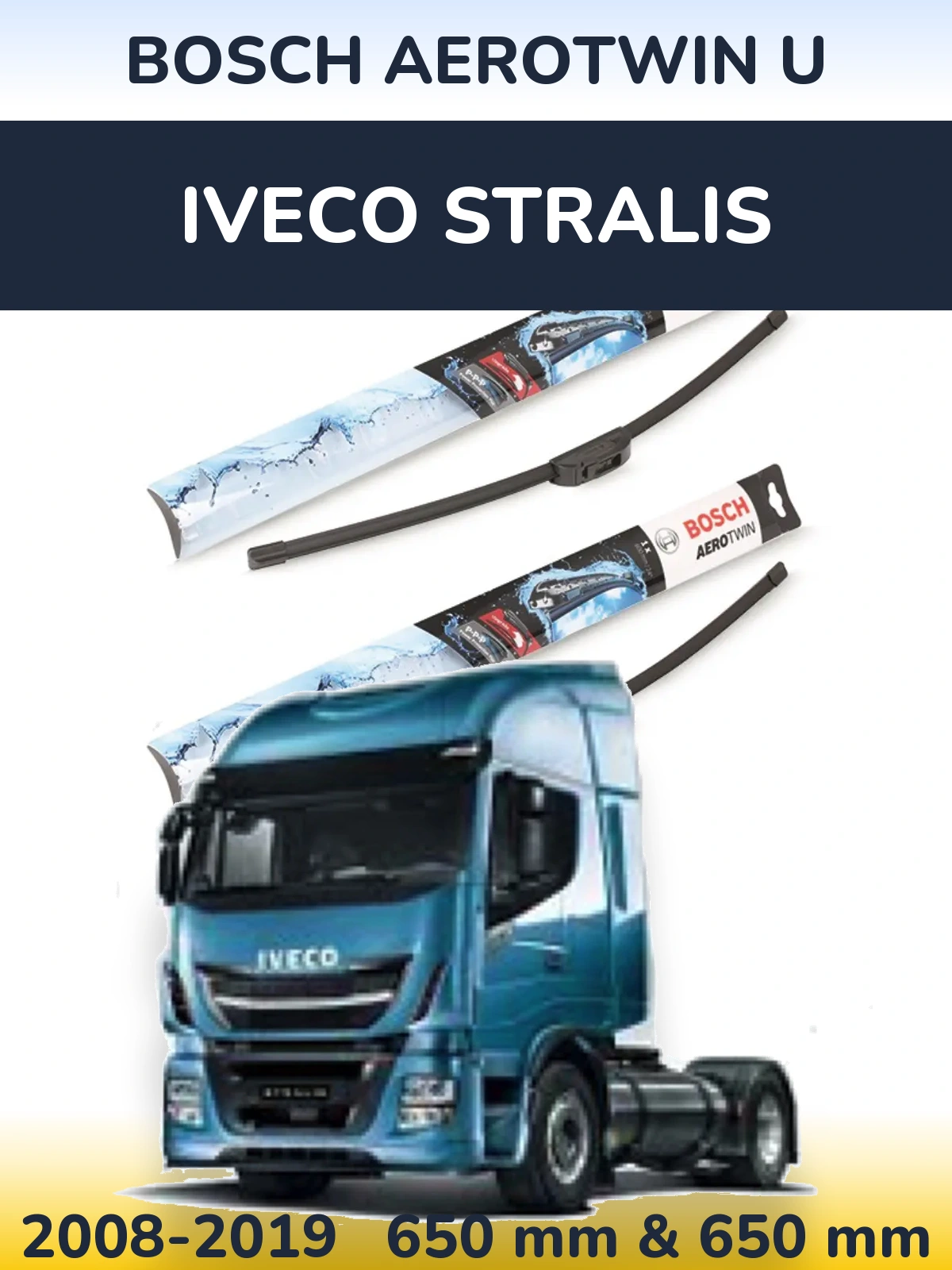 Комплект передних дворников BOSCH AeroTwin U 650 & 650 мм для Iveco Stralis 2008-2019