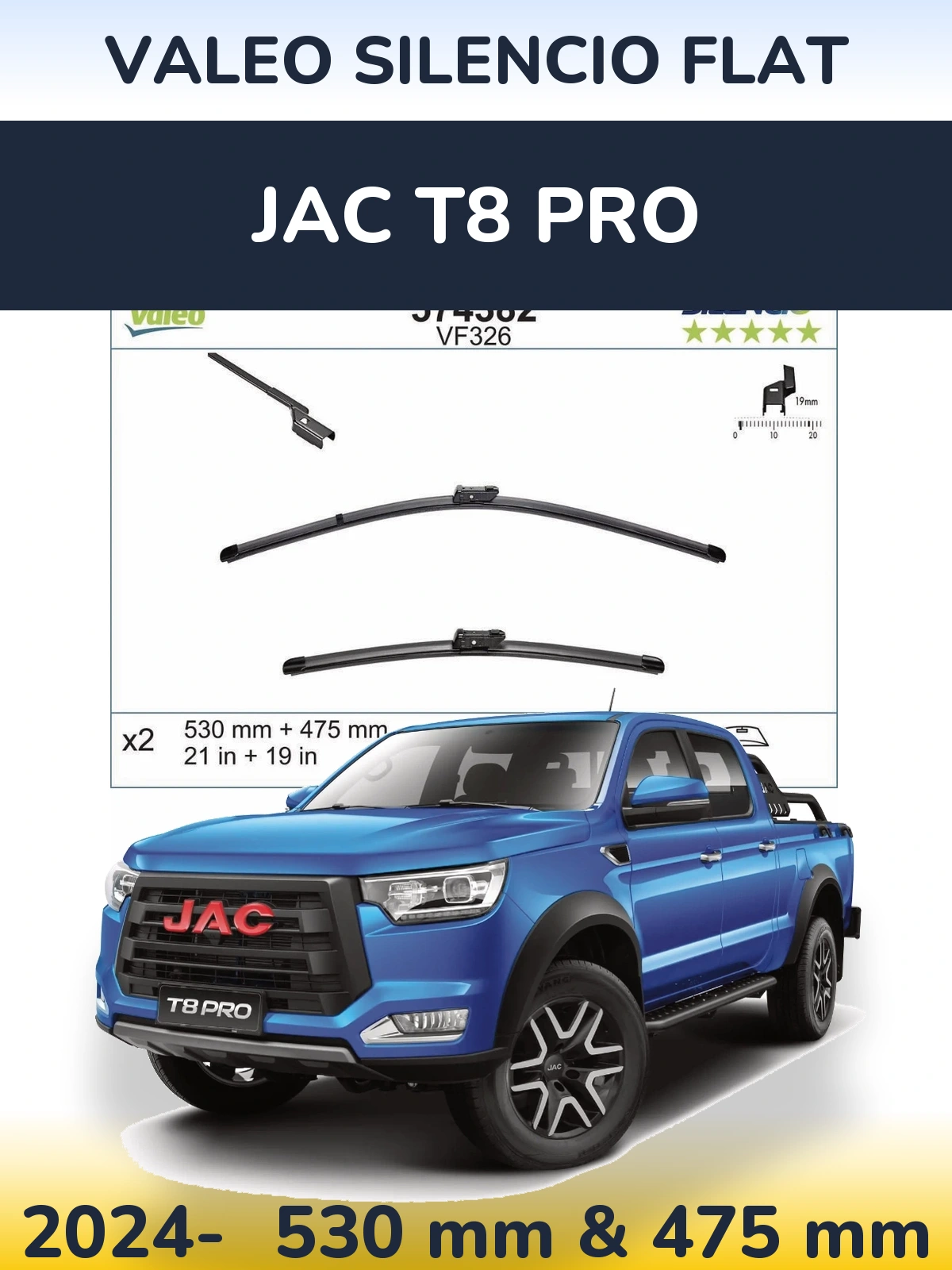 Front wiper blade set Valeo Silencio Flat 530 & 475 mm for JAC T8 Pro 2024-2026