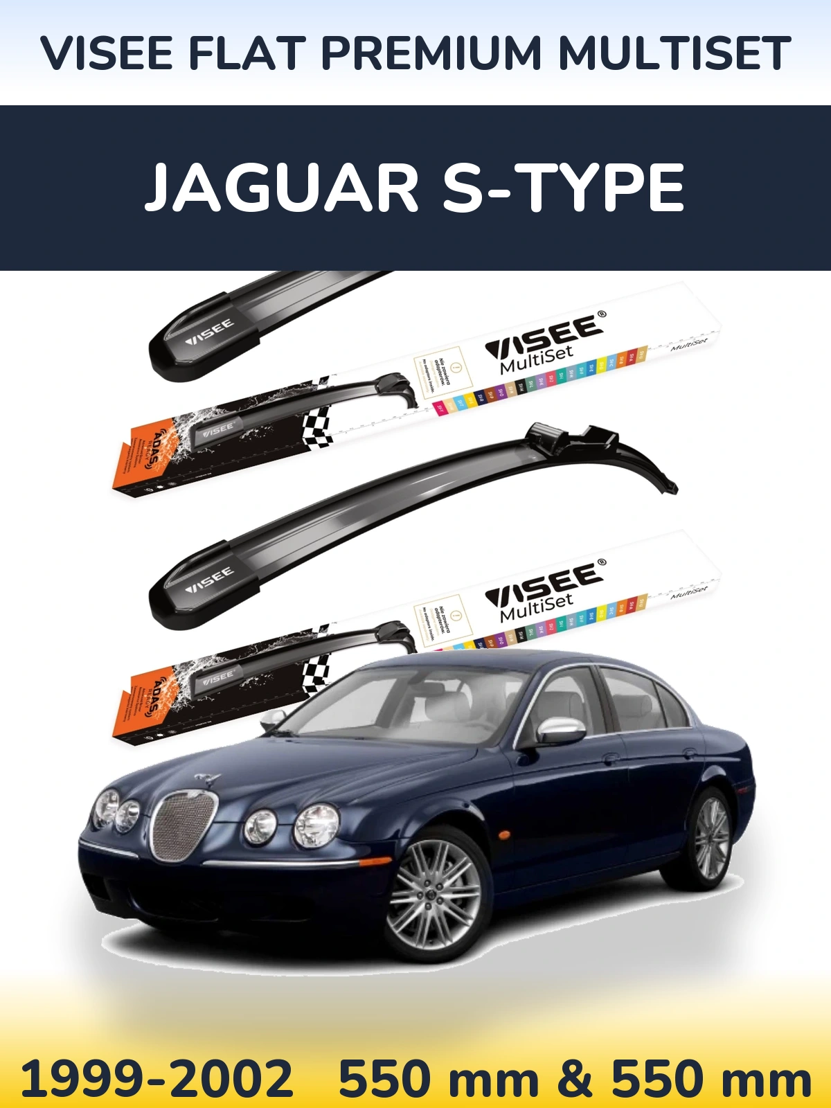 Front wiper blade set VISEE FLAT PREMIUM MultiSet 550 & 550 mm for Jaguar S-Tipoe 1999-2002