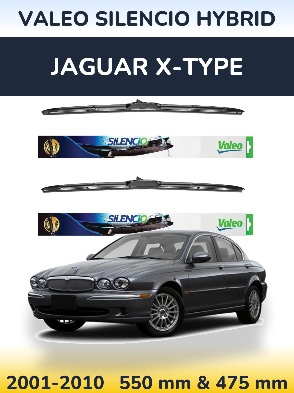 Front wiper blade set Valeo Silencio Hybrid 550 & 475 mm for Jaguar X-Tipoe 2001-2010