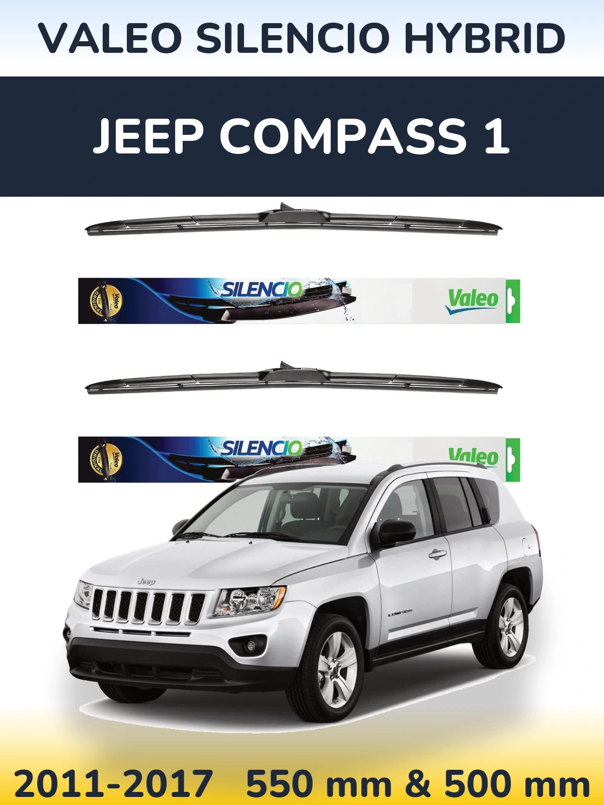 Front wiper blade set Valeo Silencio Hybrid 550 & 500 mm for Jeep Compass 1 2011-2017