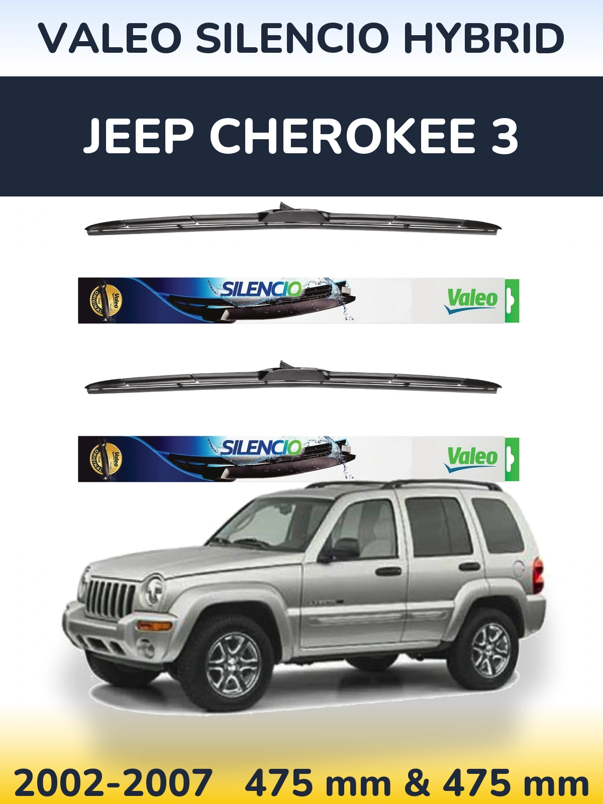 Front wiper blade set Valeo Silencio Hybrid 475 & 475 mm for Jeep Cherokee 3 2002-2007