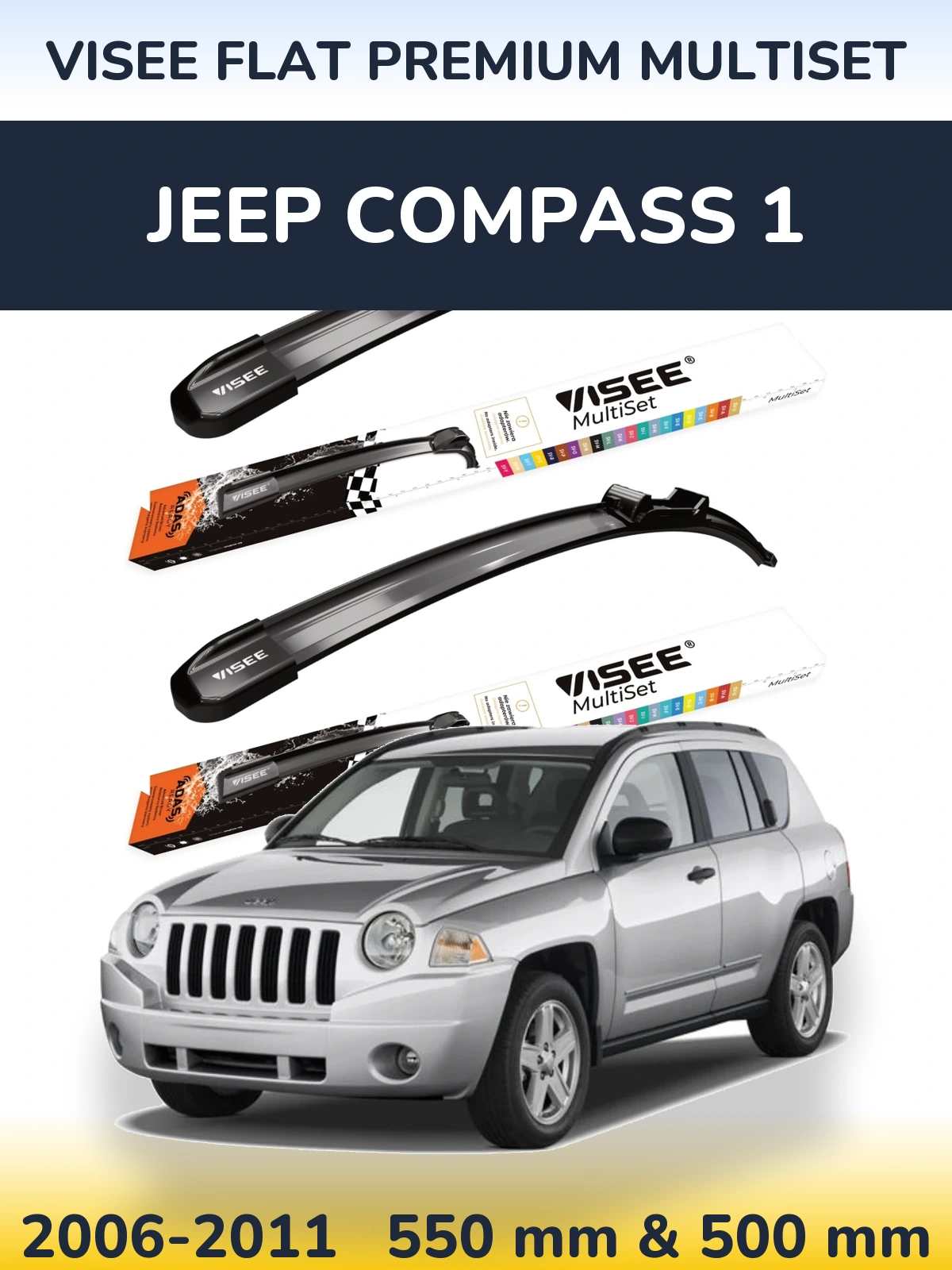 Front wiper blade set VISEE FLAT PREMIUM MultiSet 550 & 500 mm for Jeep Compass 1 2006-2011