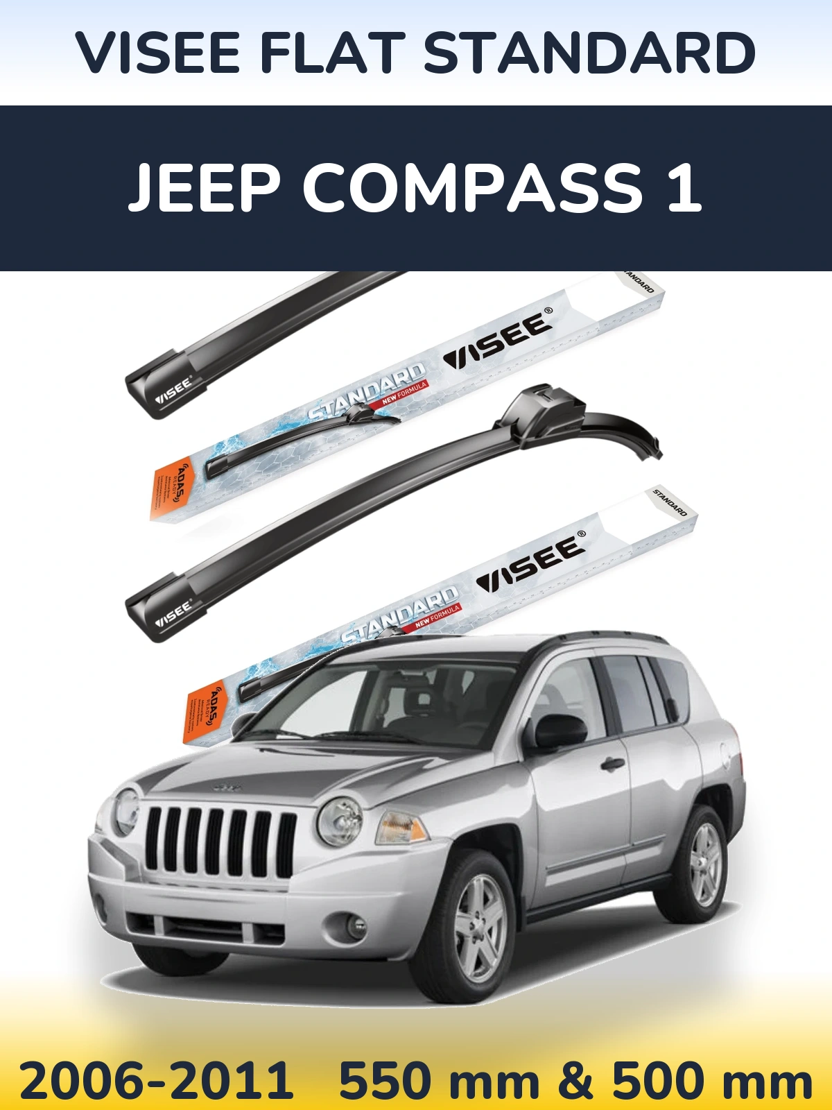 Front wiper blade set VISEE FLAT STANDARD 550 & 500 mm for Jeep Compass 1 2006-2011