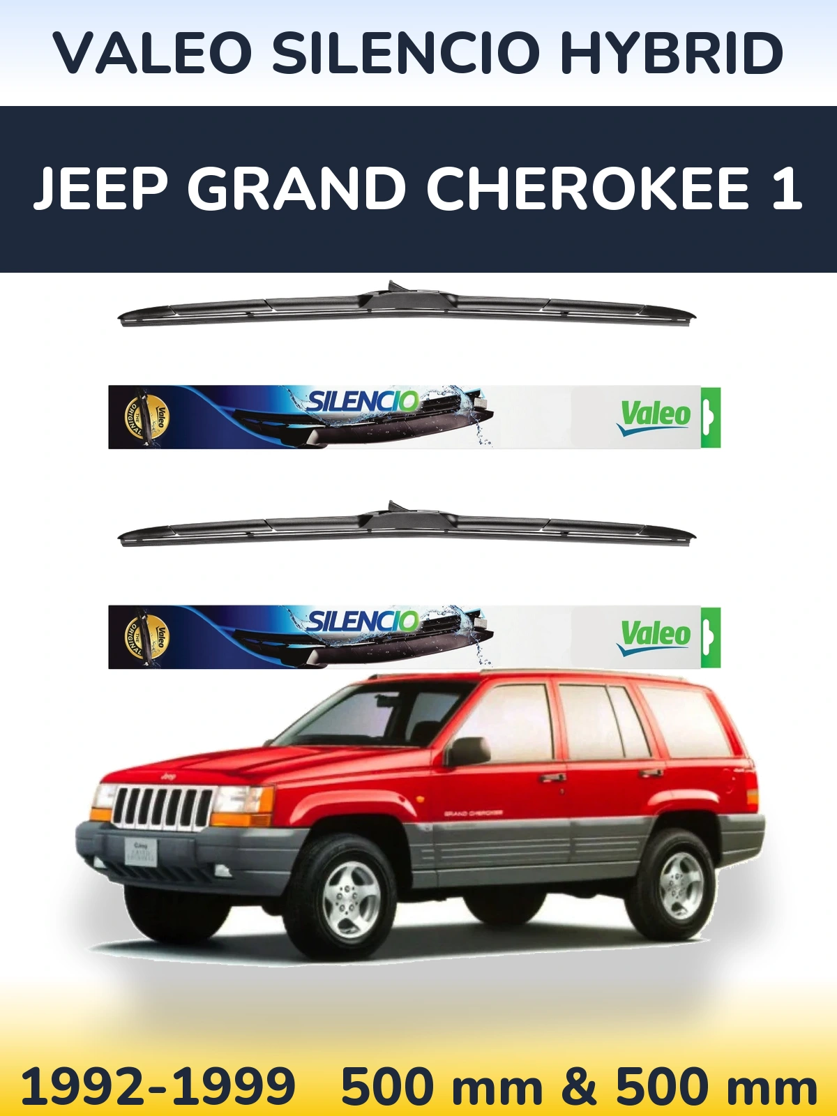 Front wiper blade set Valeo Silencio Hybrid 500 & 500 mm for Jeep Grand Cherokee 1 1992-1999