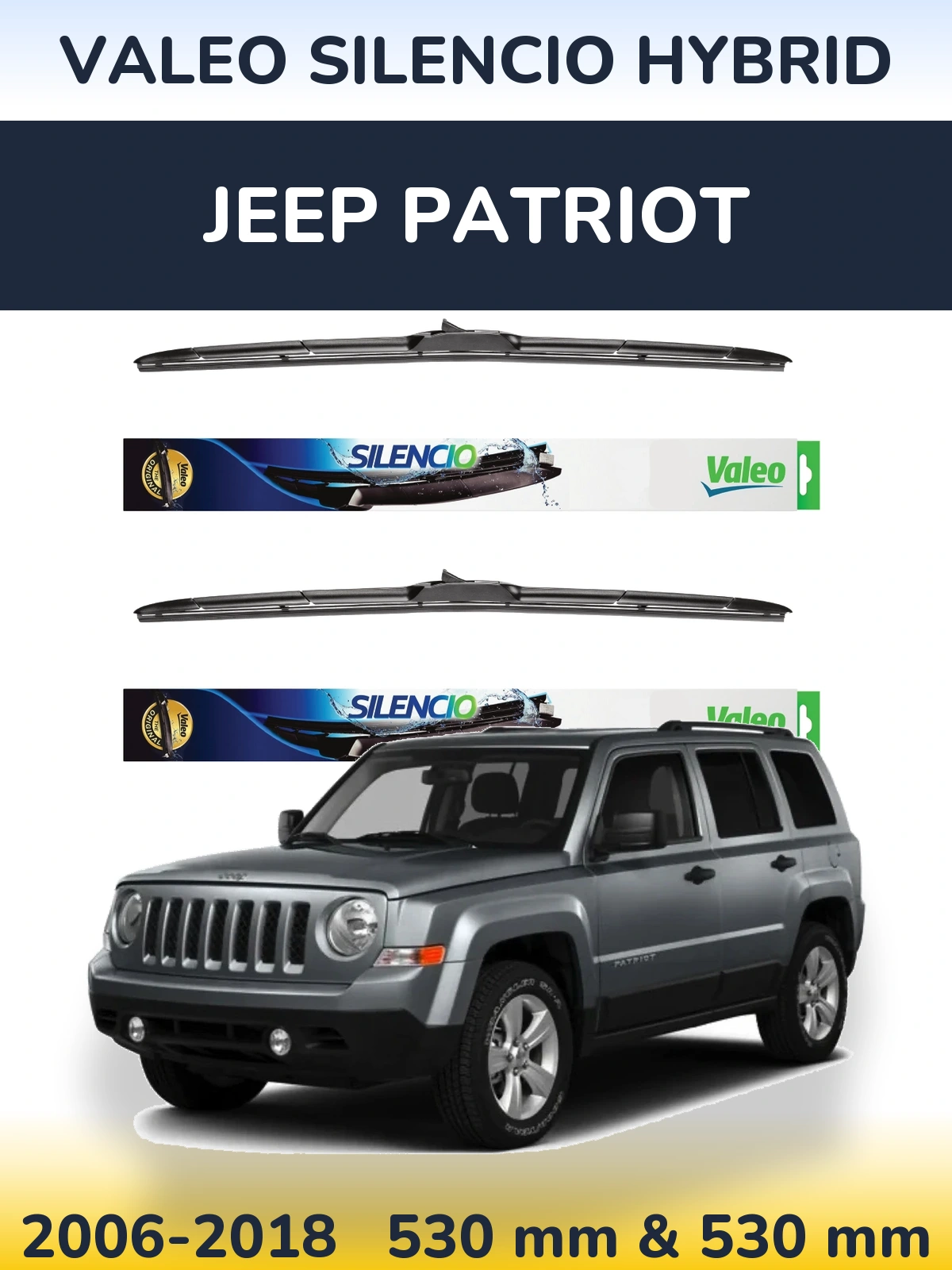 Front wiper blade set Valeo Silencio Hybrid 530 & 530 mm for Jeep Patriot 2006-2018