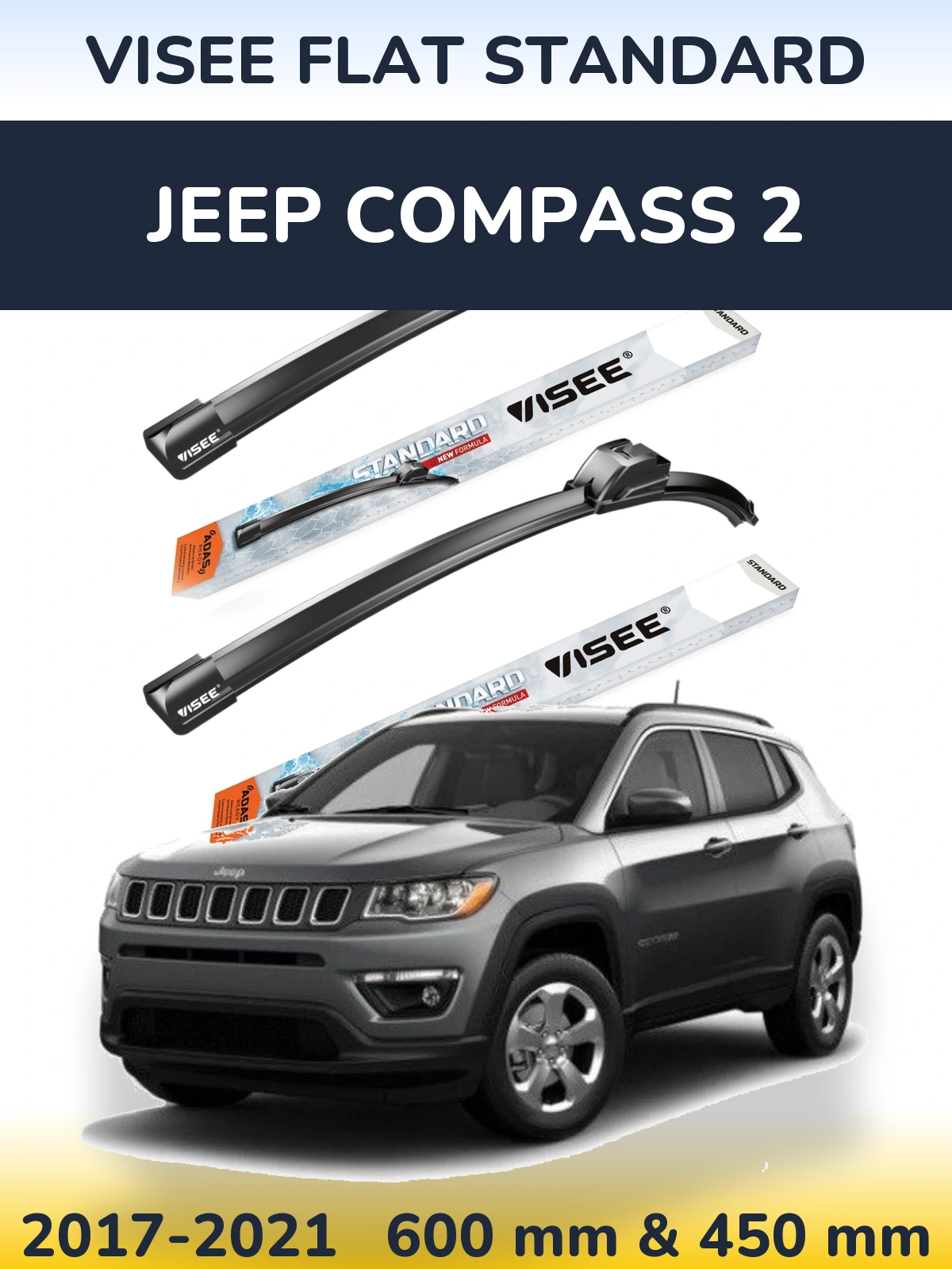 Комплект передних дворников VISEE FLAT STANDARD 600 & 450 мм для Jeep Compass 2 2017-2021