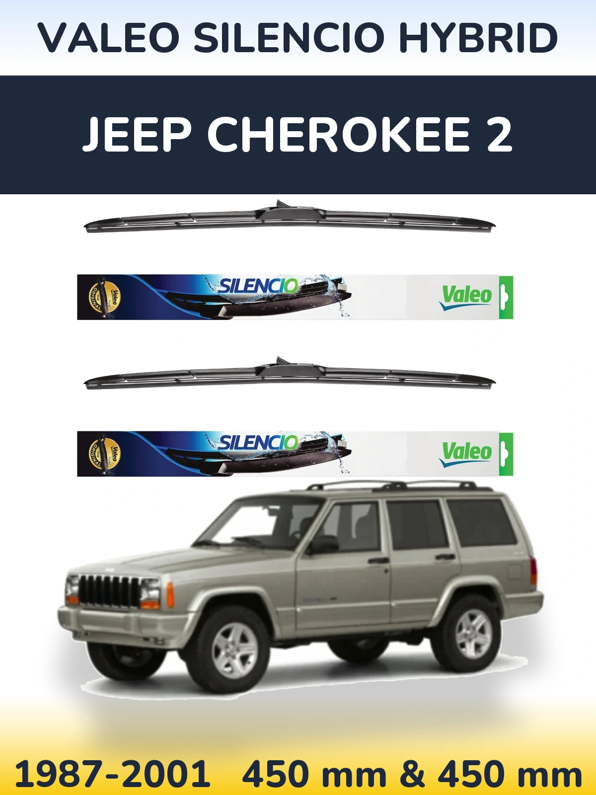 Front wiper blade set Valeo Silencio Hybrid 450 & 450 mm for Jeep Cherokee 2 1987-2001