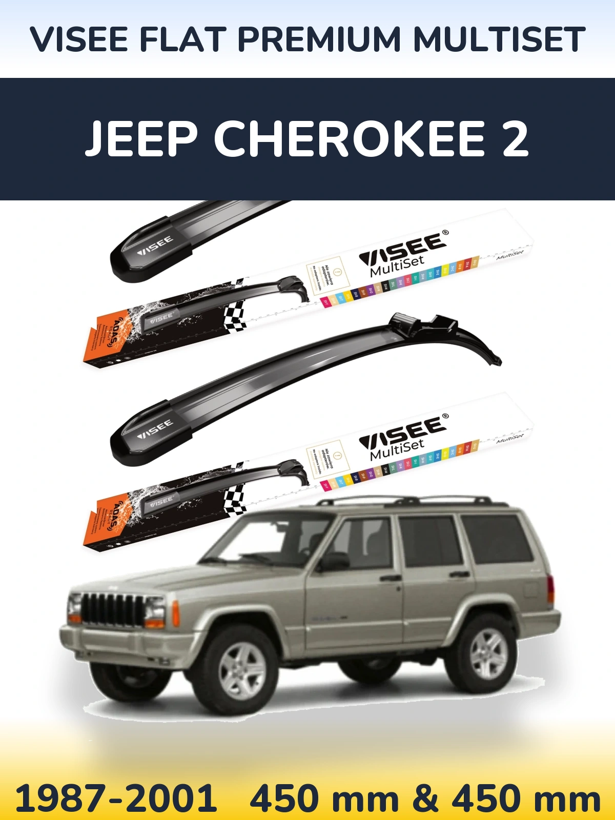 Front wiper blade set VISEE FLAT PREMIUM MultiSet 450 & 450 mm for Jeep Cherokee 2 1987-2001