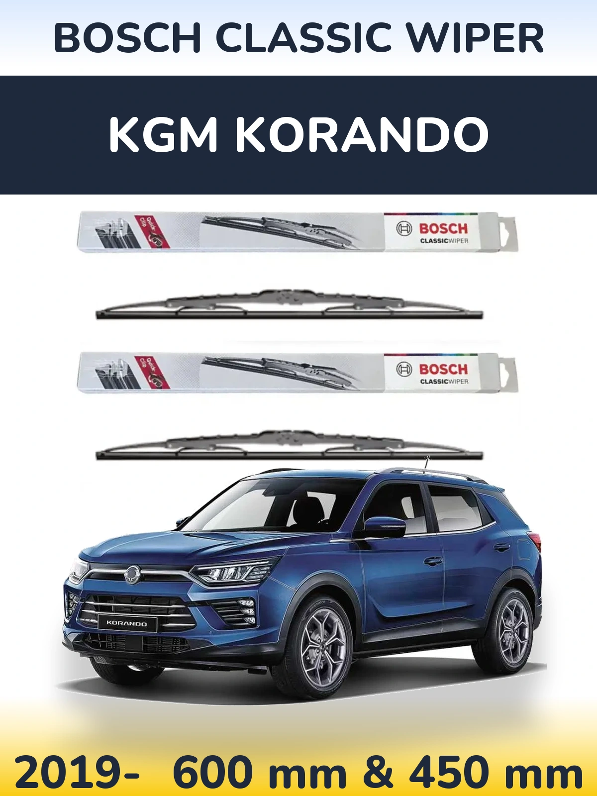 Front wiper blade set BOSCH Classic Wiper 600 & 450 mm for KGM Korando 2019-2026