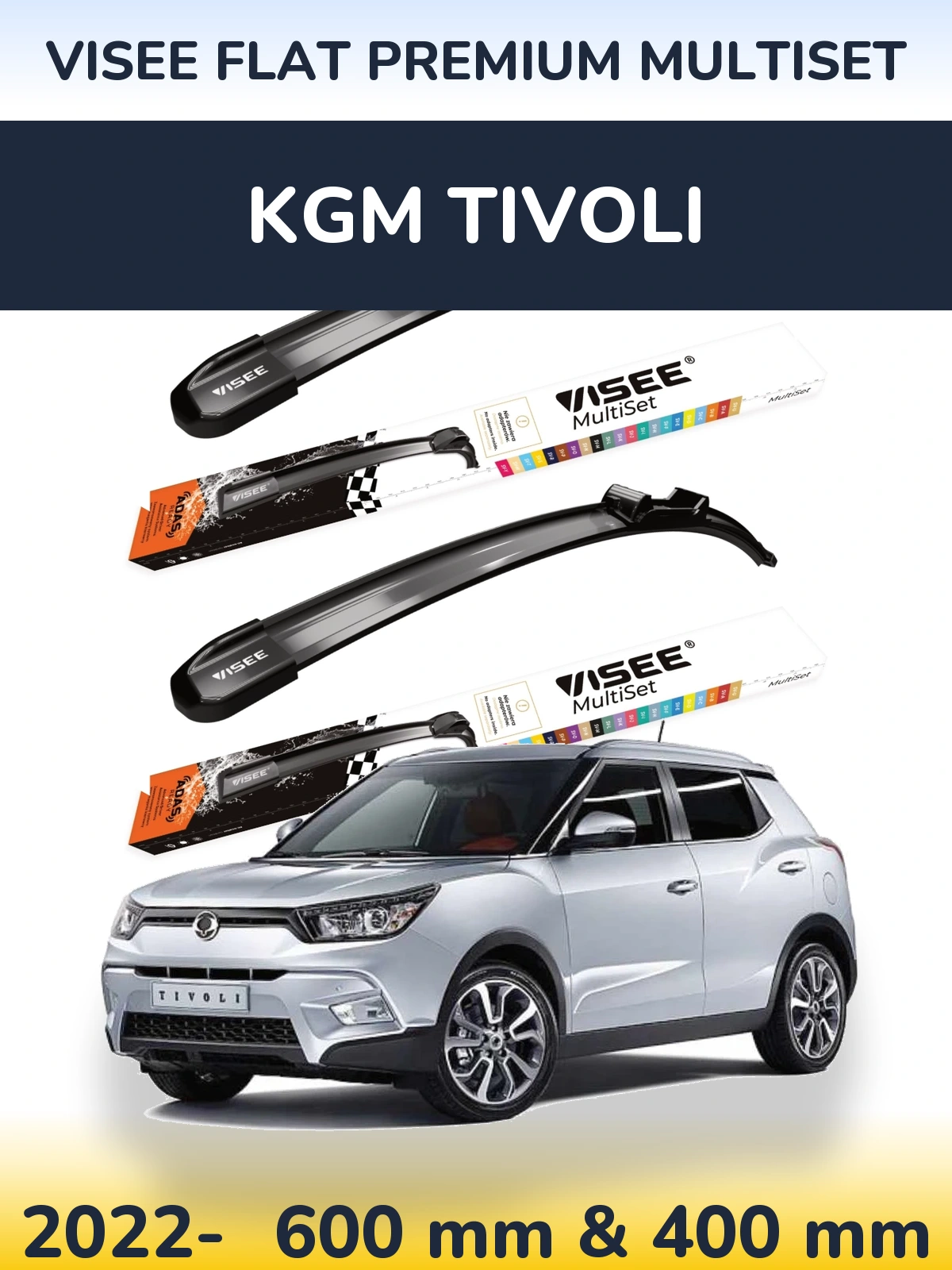 Front wiper blade set VISEE FLAT PREMIUM MultiSet 600 & 400 mm for KGM Tivoli 2022-2026